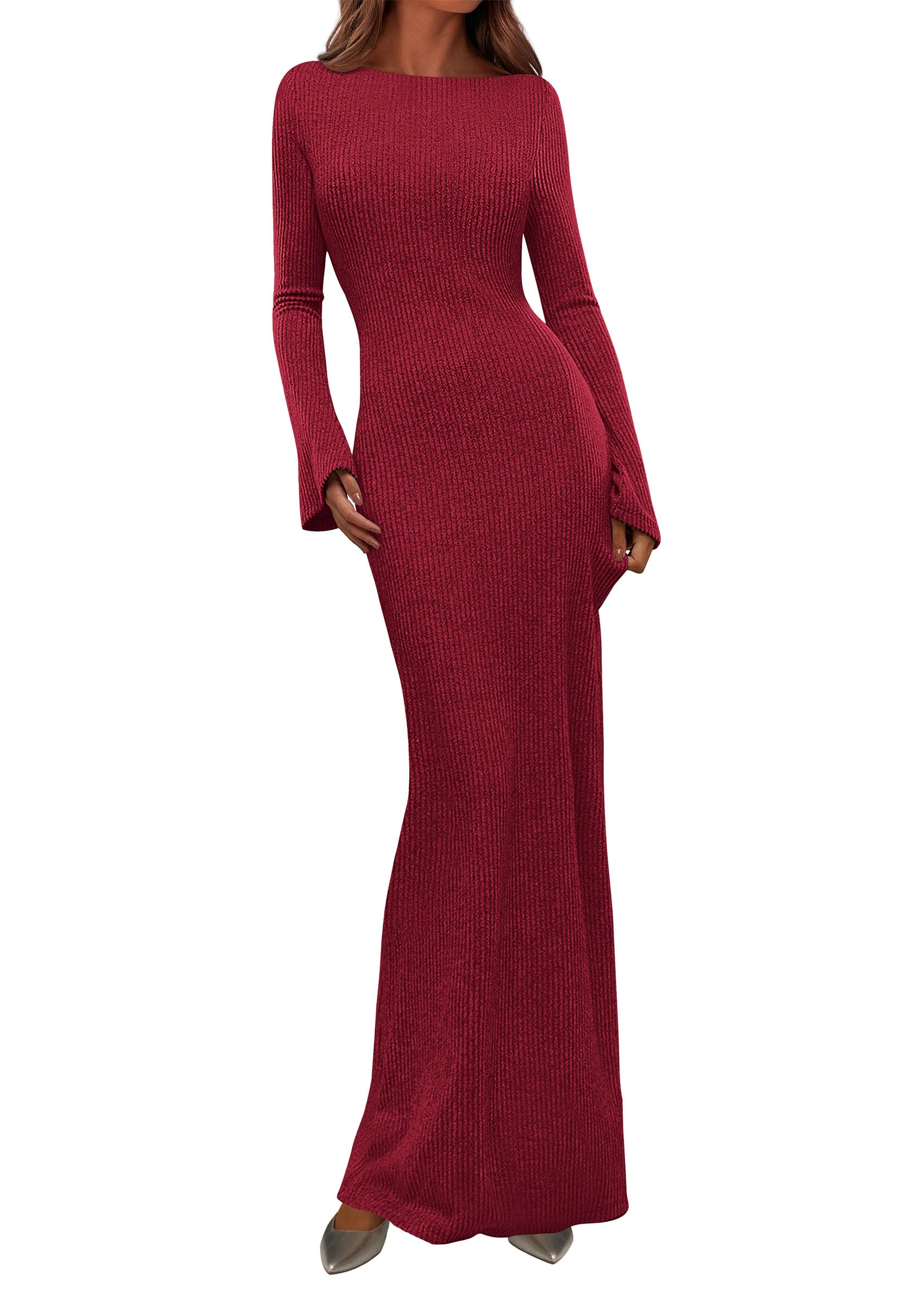 Women's Fall Long Sleeve Bodycon Maxi Dresses (Red,XS)