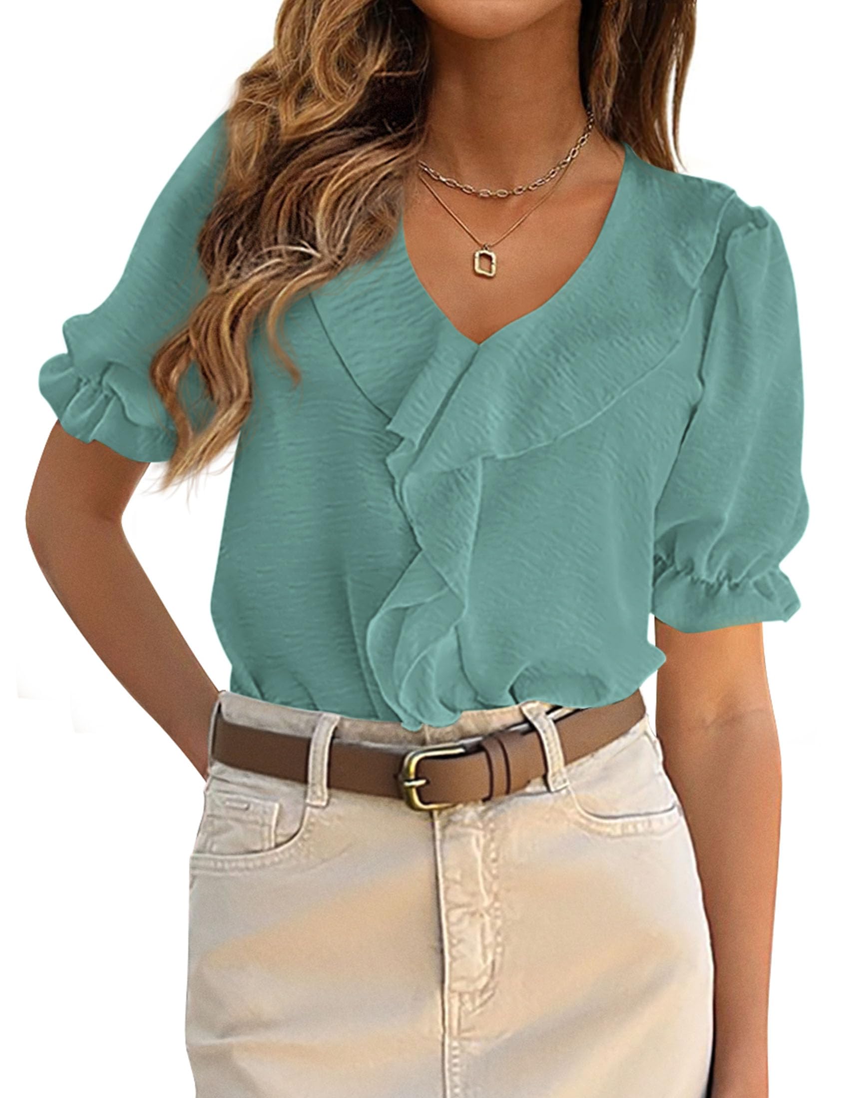 Women's Summer Ruffle Dressy Casual Blouses (Blue Green,S)