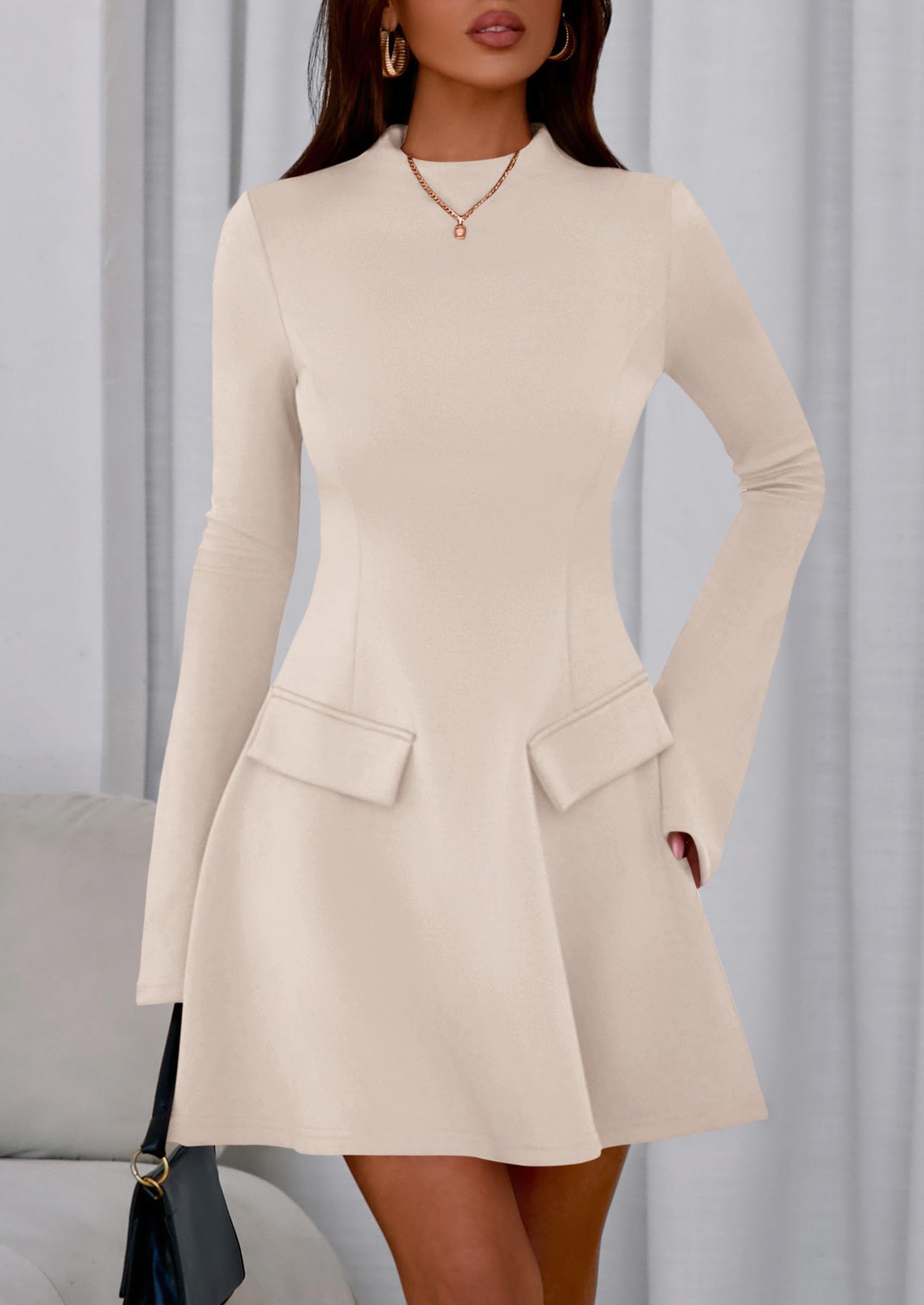 Women's Fall Bell Sleeve Short Dress,Beige Apricot,L