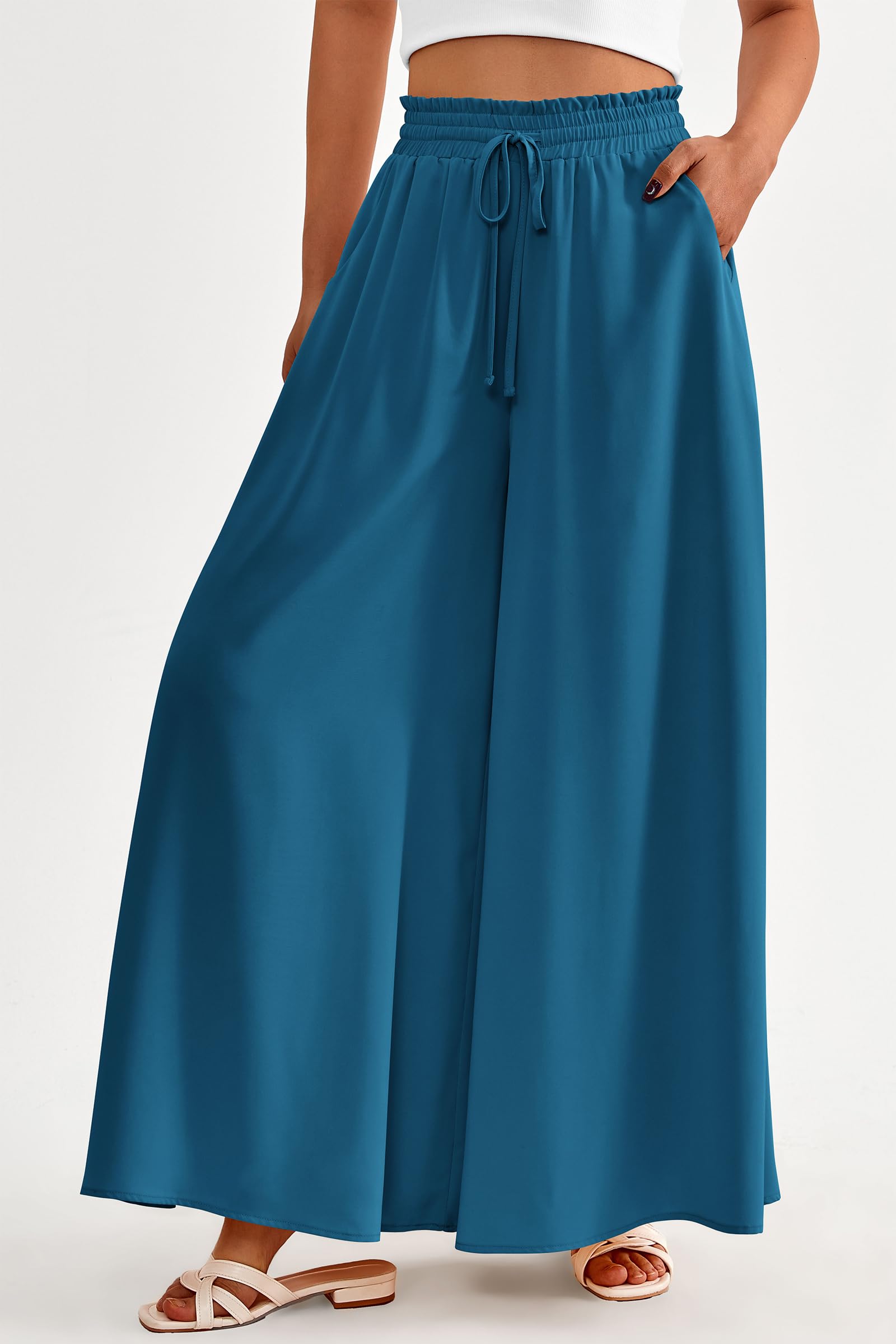 Summer Wide Leg Palazzo Pants for Women Casual,Lake Blue,S