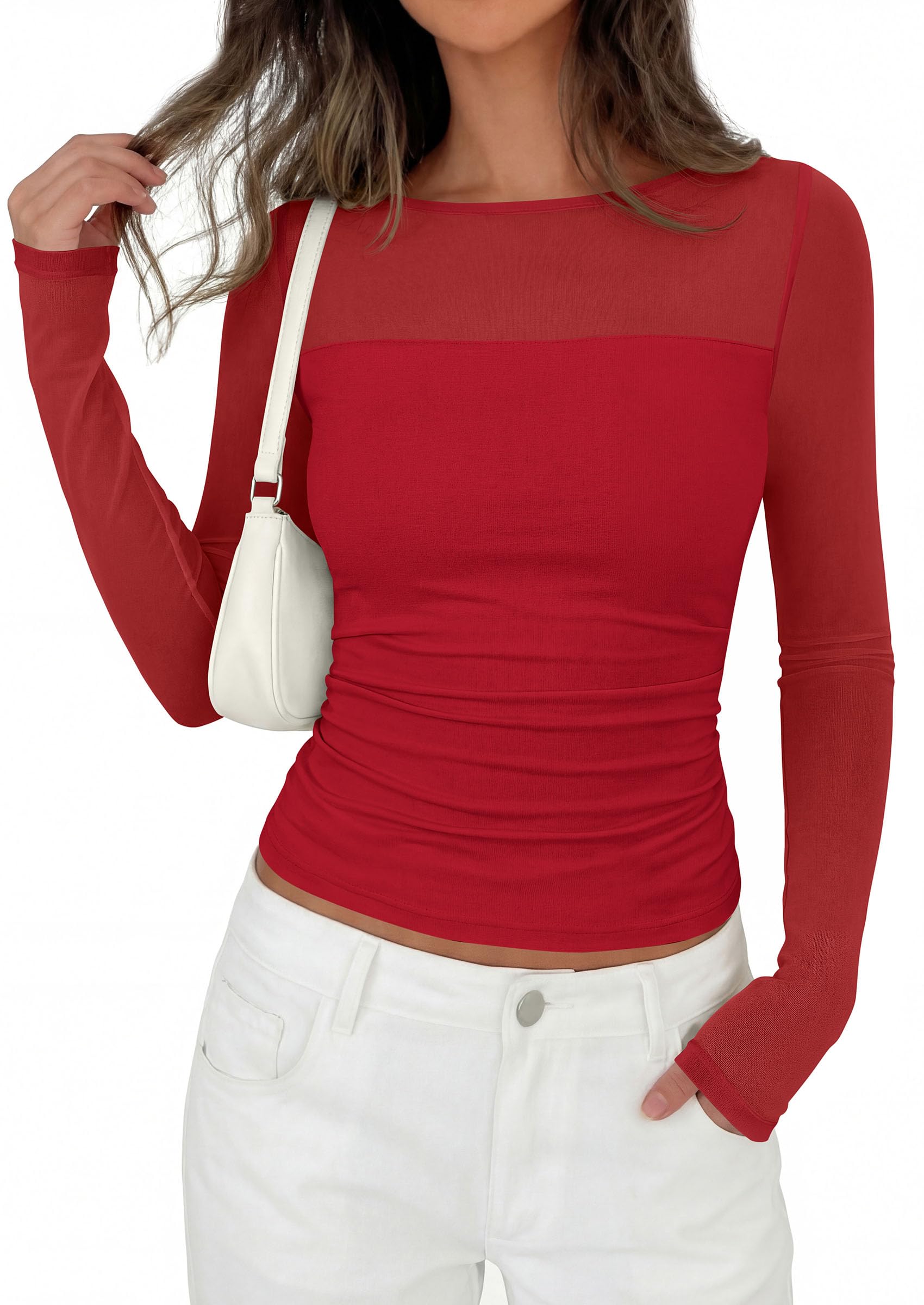 Women's Sheer Mesh Long Sleeve Going Out Tops (Red,S)