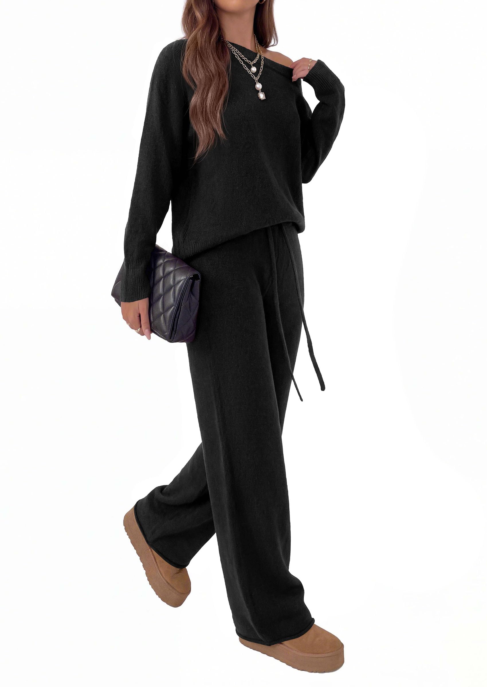 Lounge Sets Womens Sweaters Two Piece Outfits (Black,S)