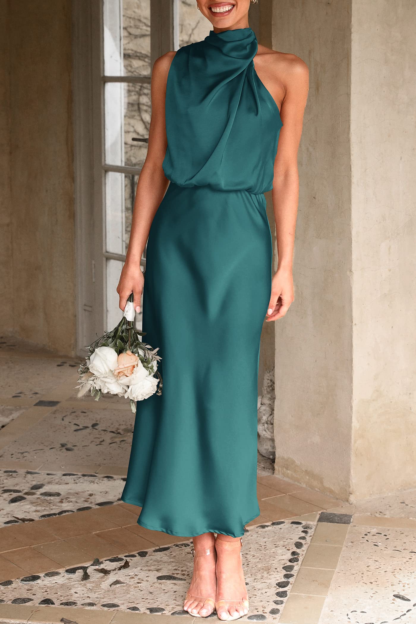 Women's Summer Satin Maxi Cocktail Dress Dark Green