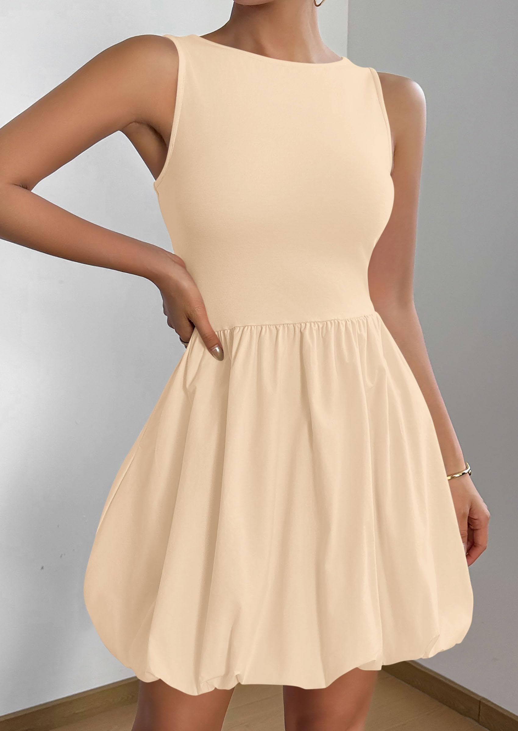 Womens Summer Bubble Sleeveless Mini Dress,Apricot,S