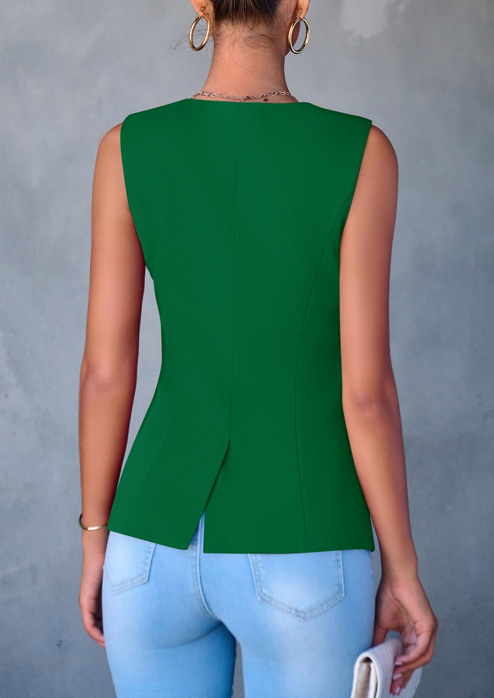 Women Tailored Suit Vest Business Casual Tops, Green,S