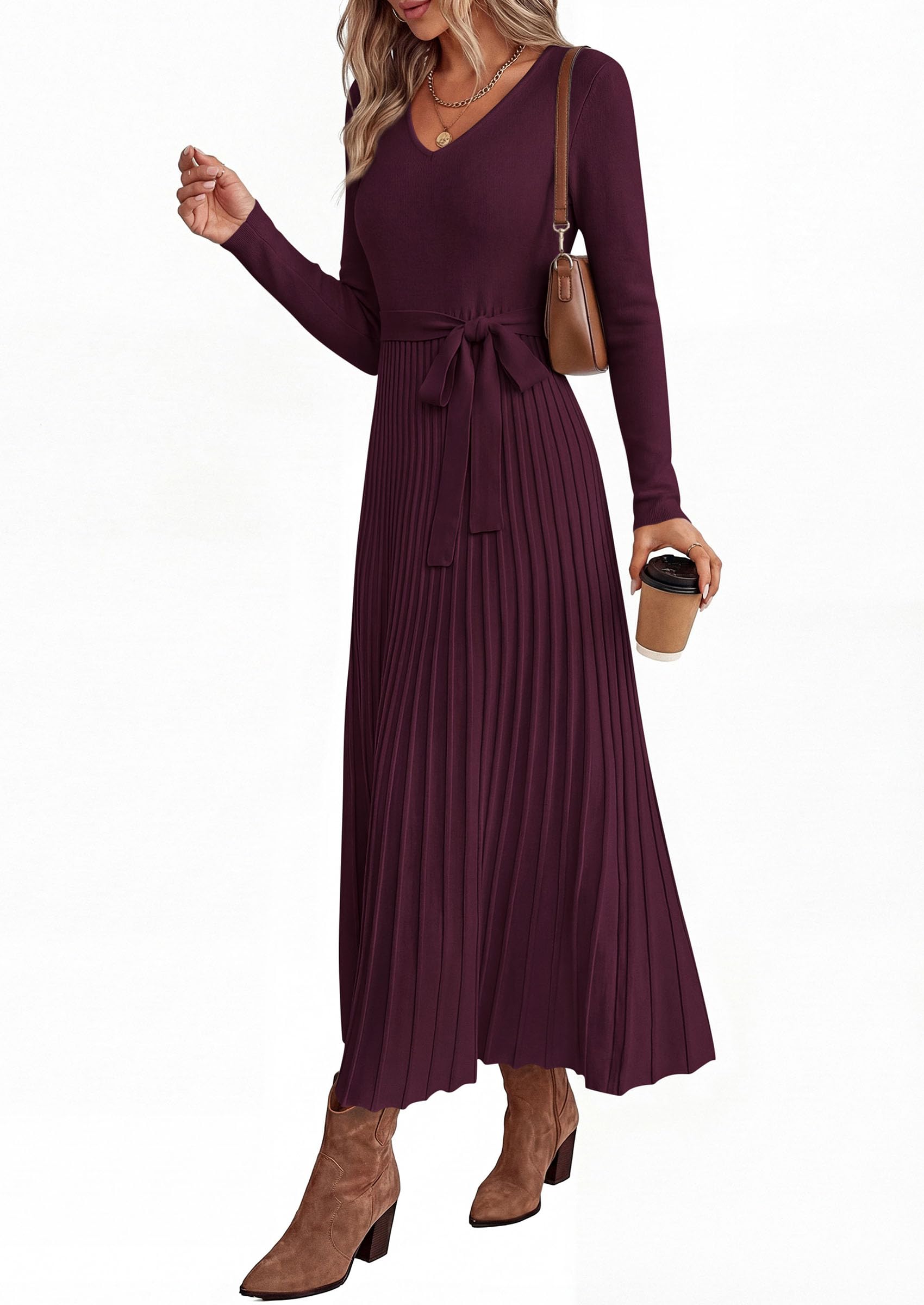 Womens Fall Maxi Long Sleeve Sweater Dress,Wine Red,S