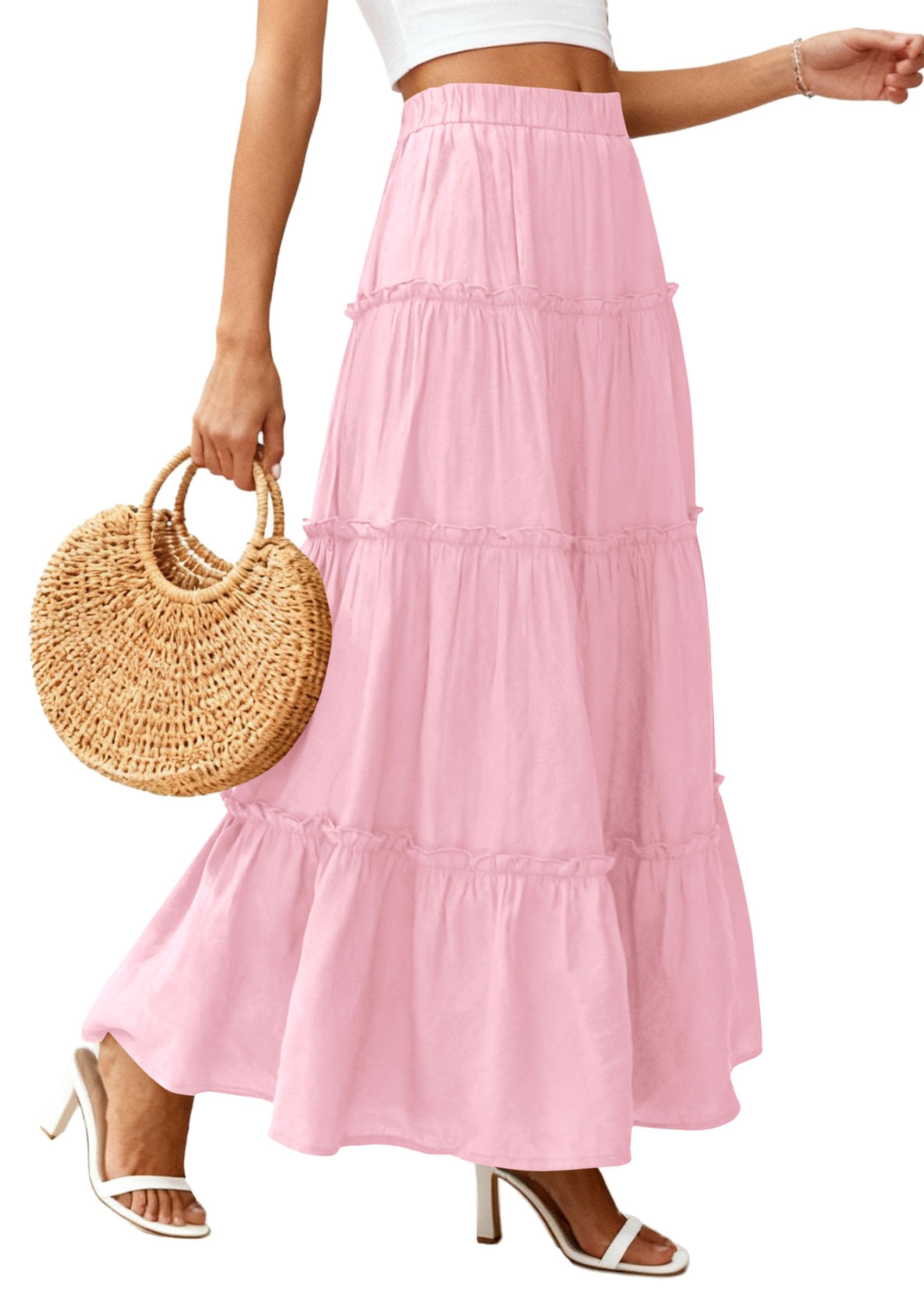 Women's Boho Tiered Ruffle Flowy Maxi Skirt, Light Pink,S