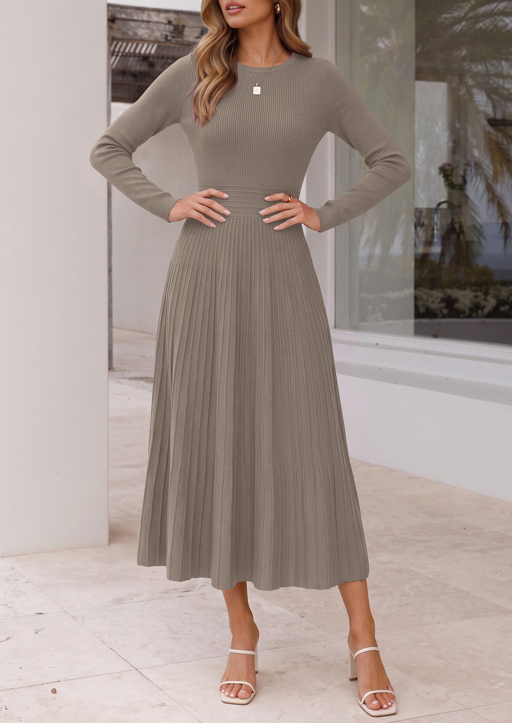 Women's Long Sleeve Knit Maxi Sweater Dress,Grey Khaki,S