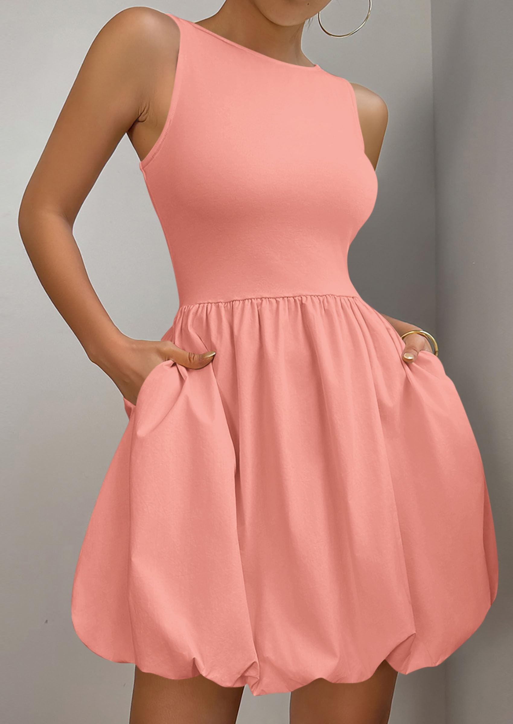 Womens Summer Bubble Sleeveless Mini Dress,Pink,S