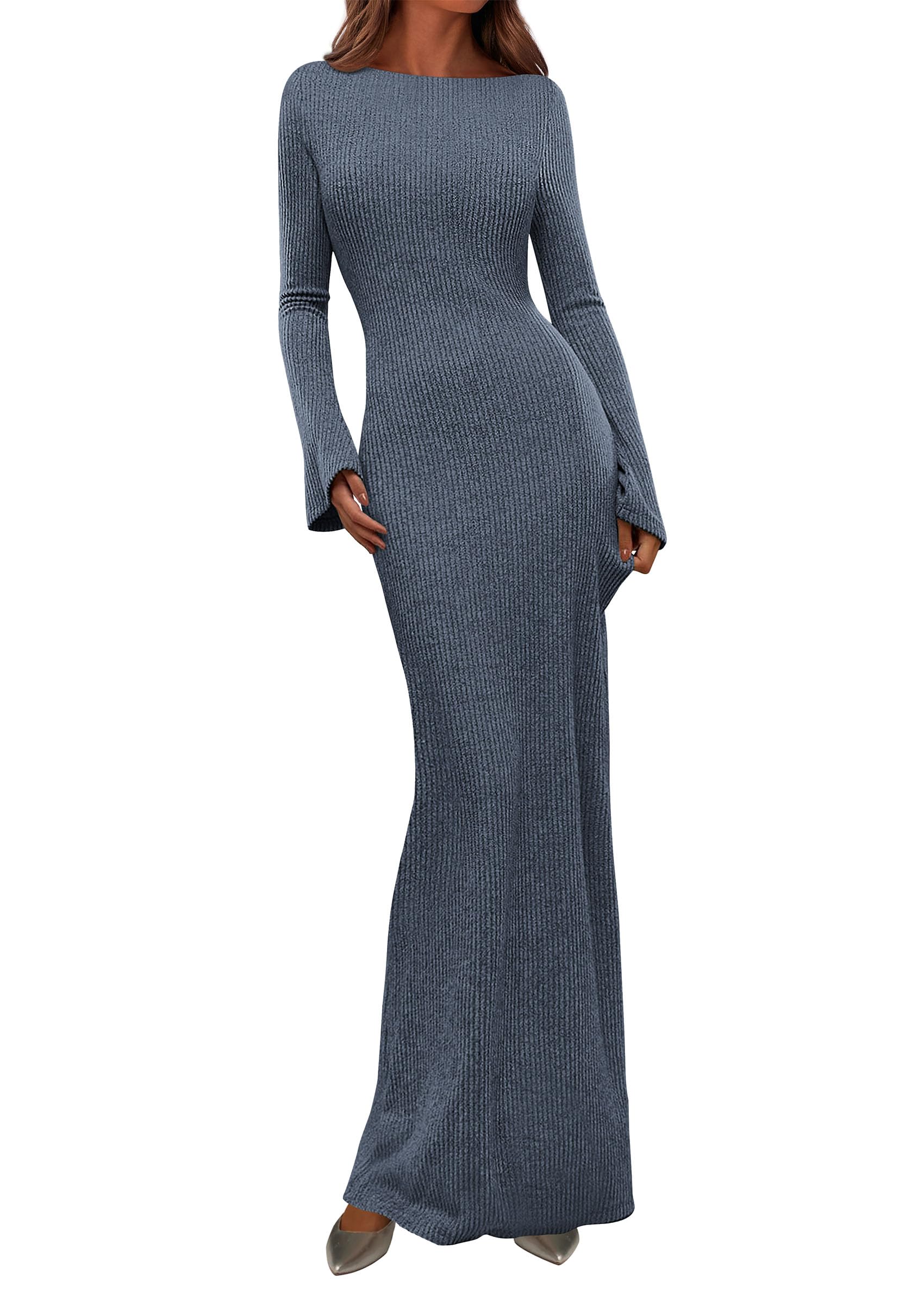 Women's Fall Long Sleeve Bodycon Maxi Dresses (Dusty Blue,XS)