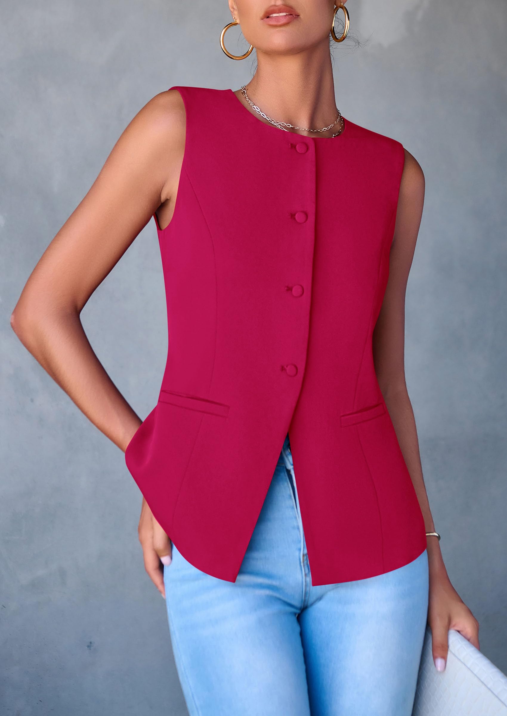 Women Tailored Suit Vest Business Casual Tops, Magenta,S