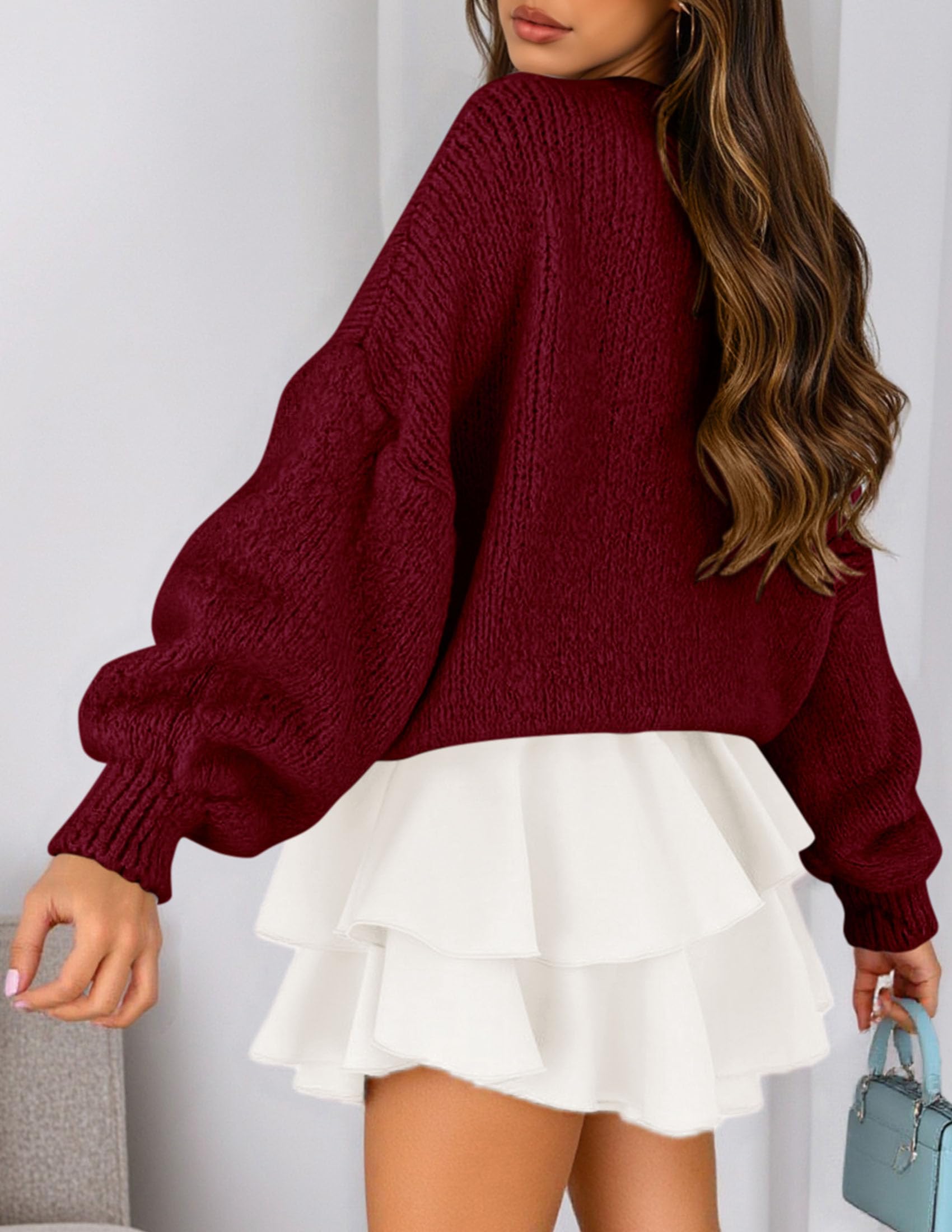 Women's Chunky Knit Oversized Pullover Sweaters,Burgundy,S