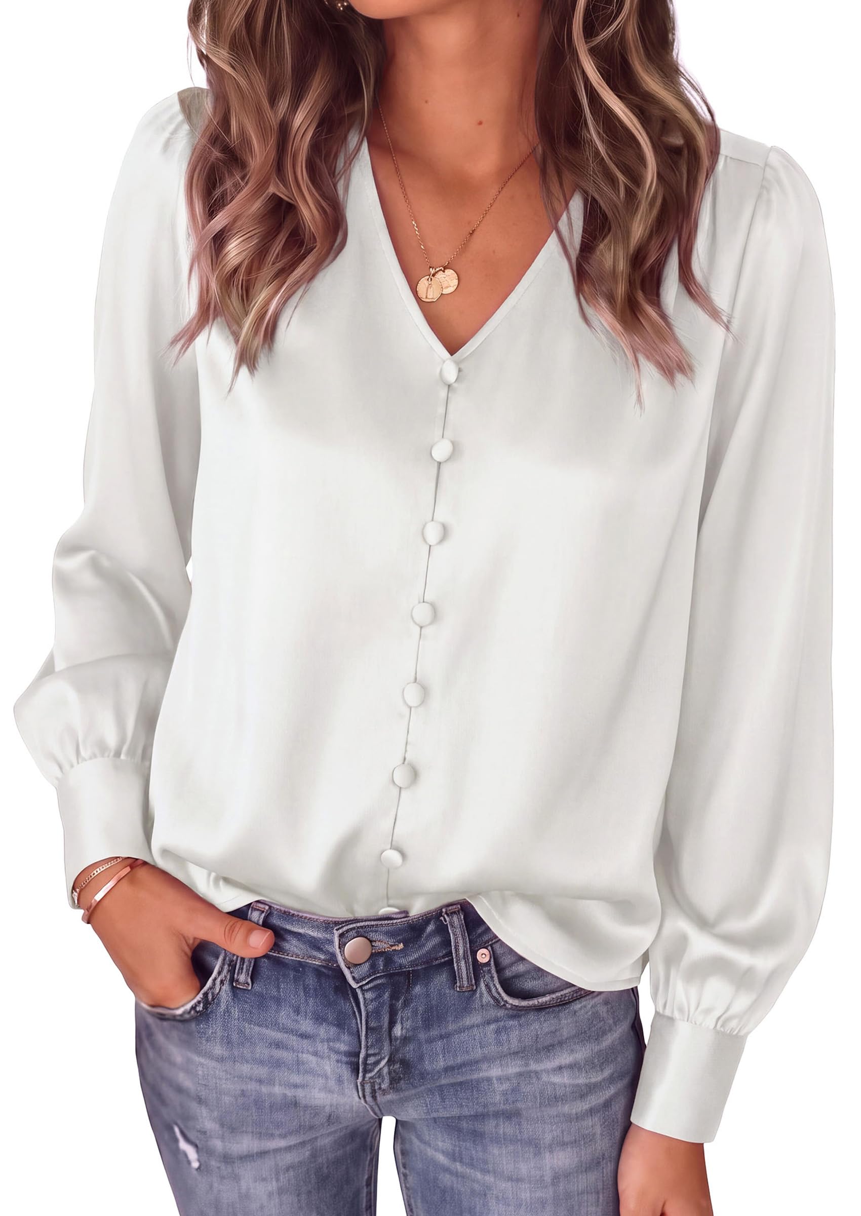 Womens Long Sleeve Satin Blouses Silk Business Casual Outfits