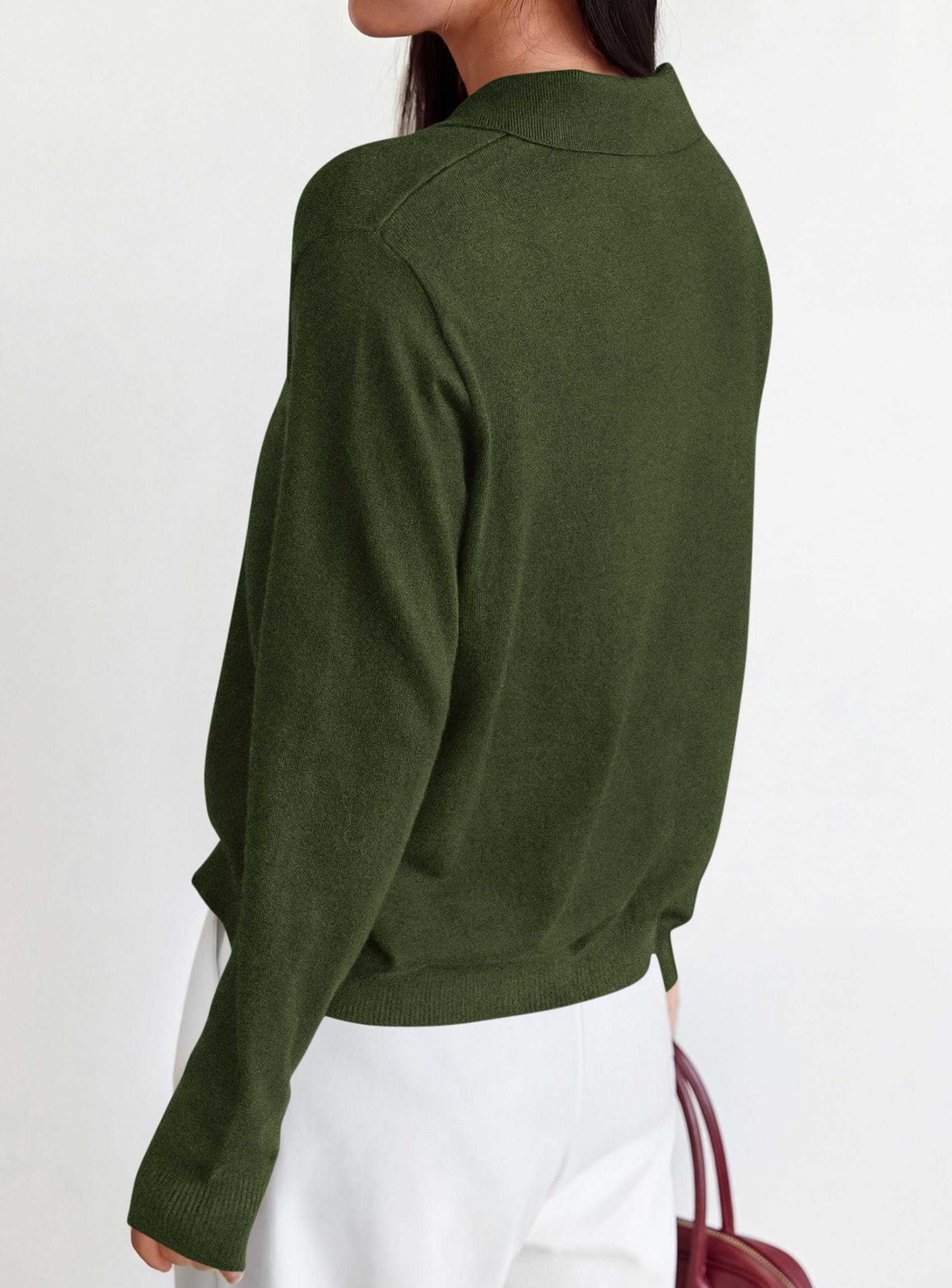 Womens Long Sleeve Collared Polo Sweater,Army Green,S