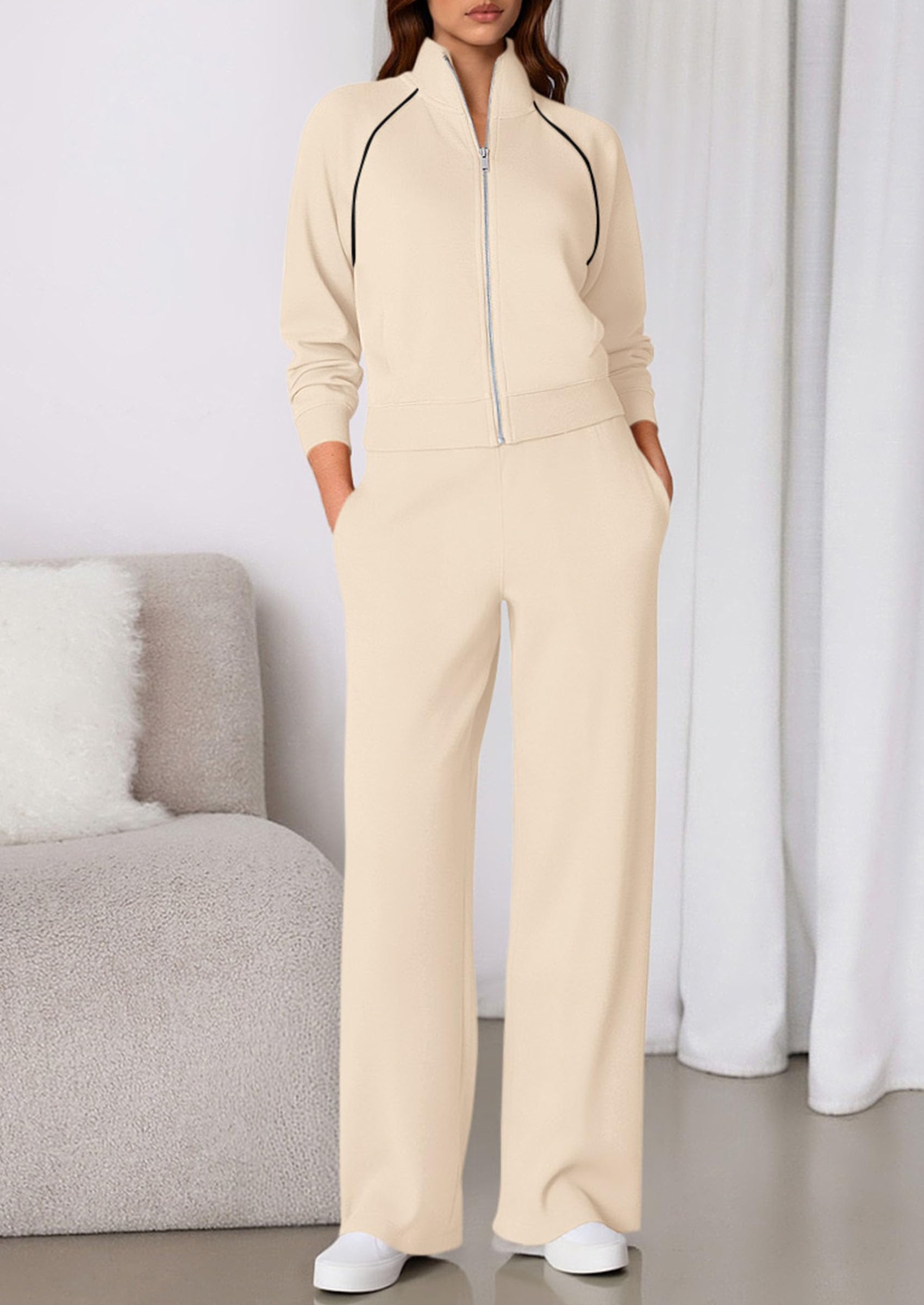 Women's 2 Piece Outfits Sweatsuits Lounge Sets,Beige,S