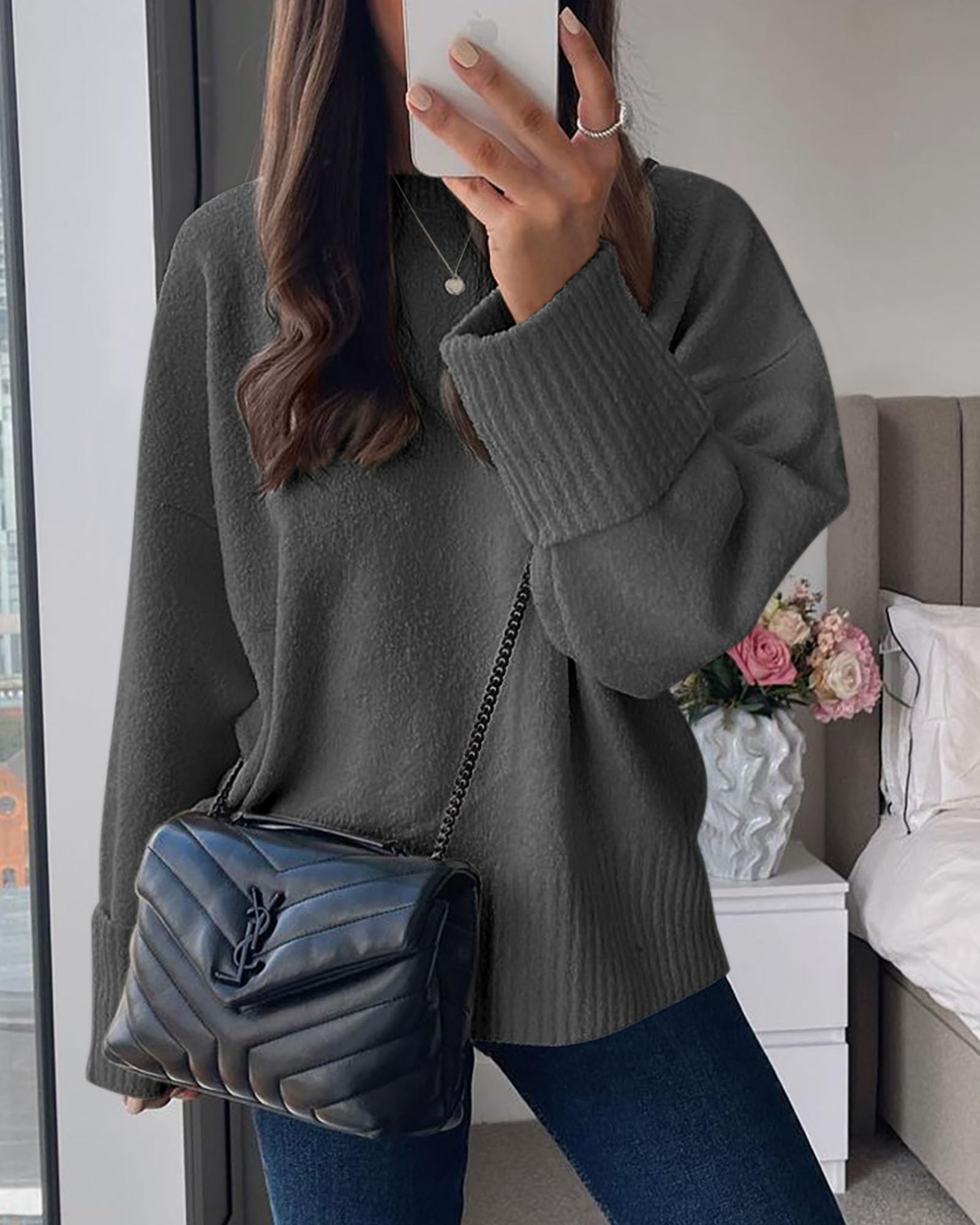 Women's Fall Fashion Cozy Oversized Sweaters(Dark Grey,XS)