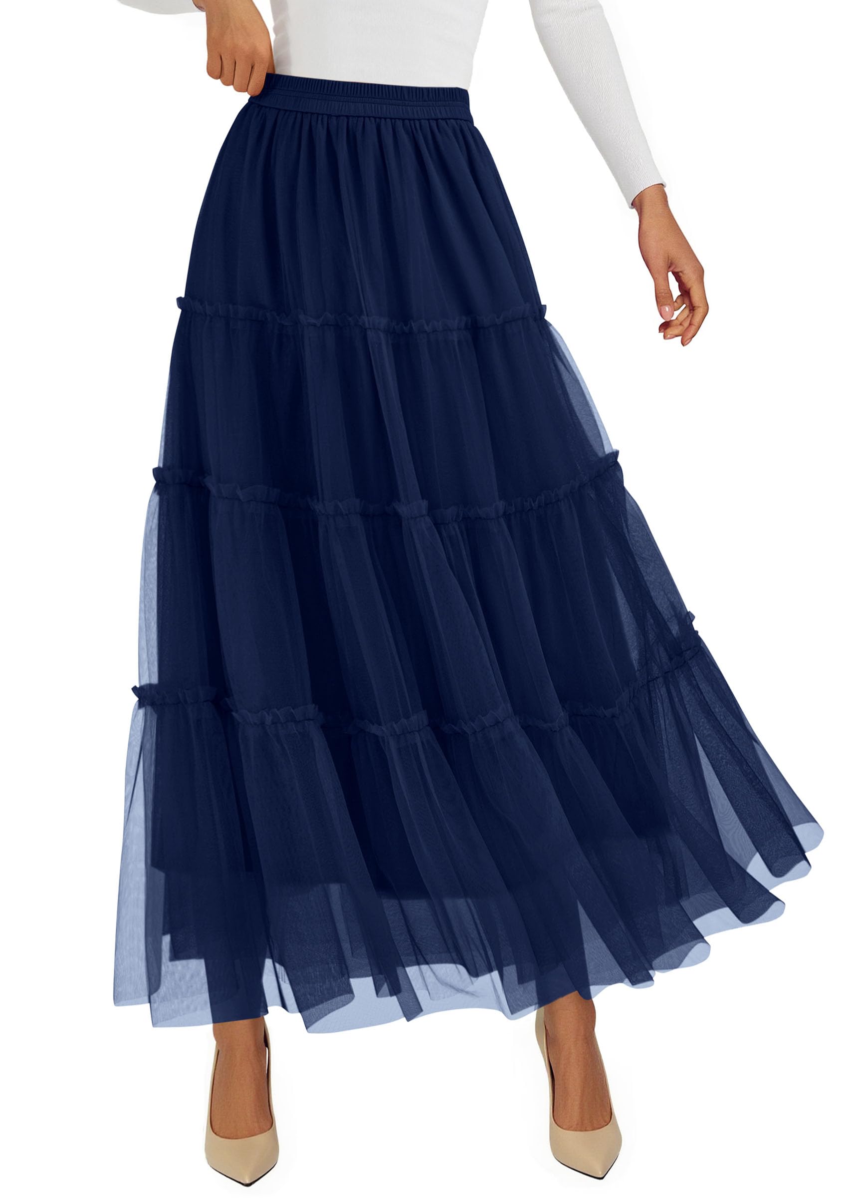 Women's Fall Soft Tulle Tiered Long Skirt,Navy Blue,S
