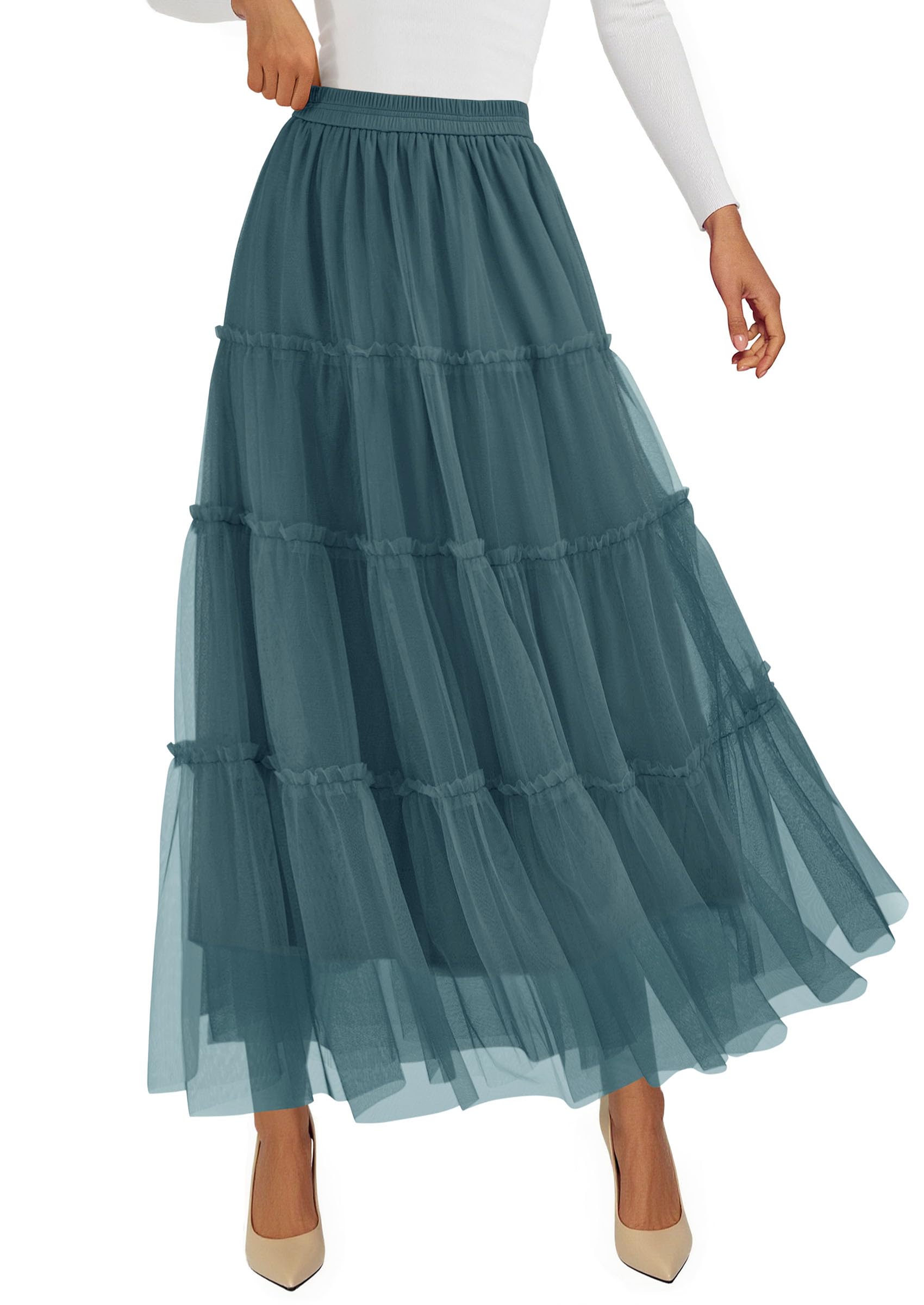 Women's Fall Soft Tulle Tiered Long Skirt,Sage Green,M