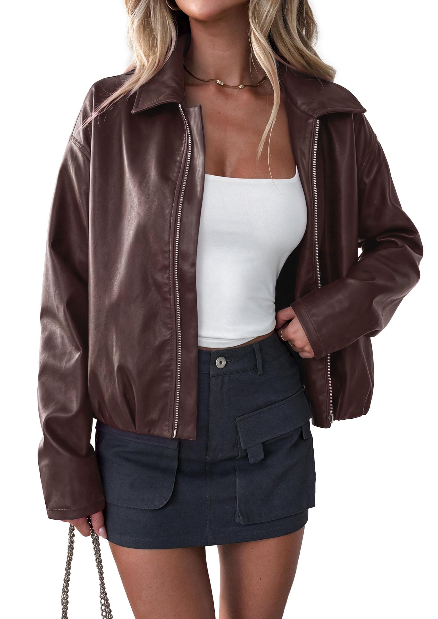 Womens Faux Leather Motorcycle Jackets Fall Cropped Coats