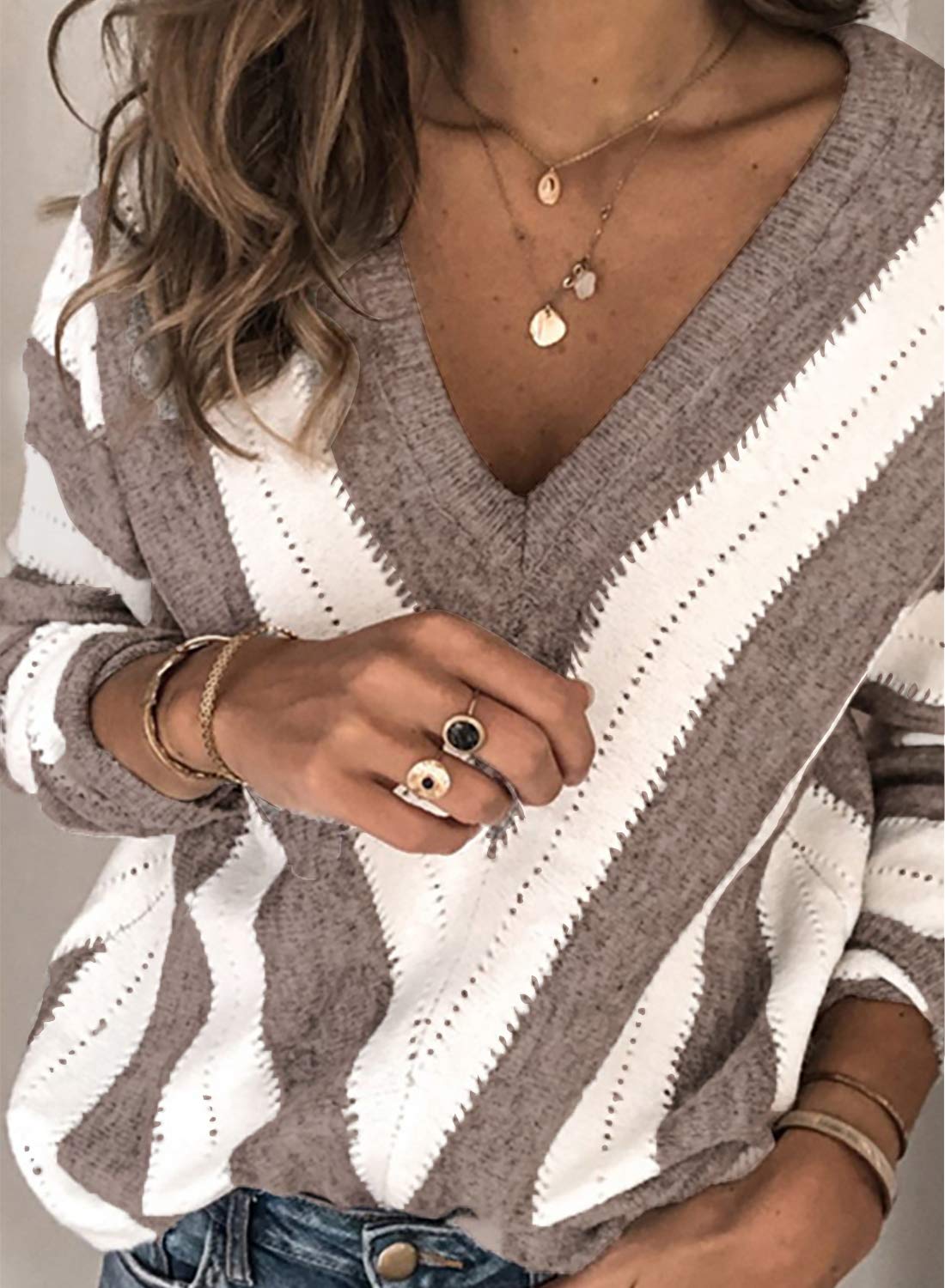 Sweaters for Women 2025 Long Sleeve Striped Knitted V Neck Pullover Jumper Tops Fall Outfits Fashion Clothing (Striped Camel,Small)