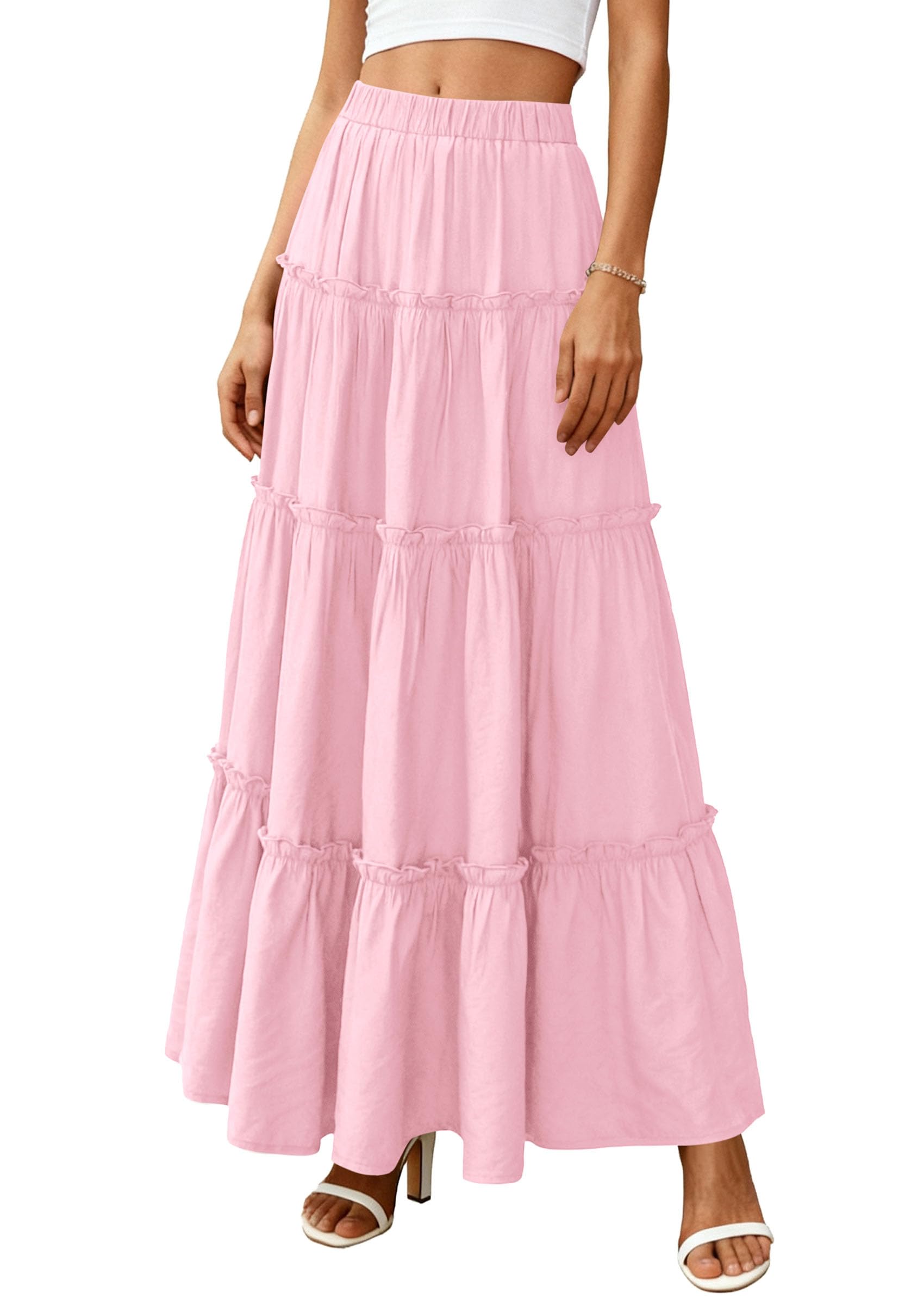 Women's Boho Tiered Ruffle Flowy Maxi Skirt, Light Pink,S
