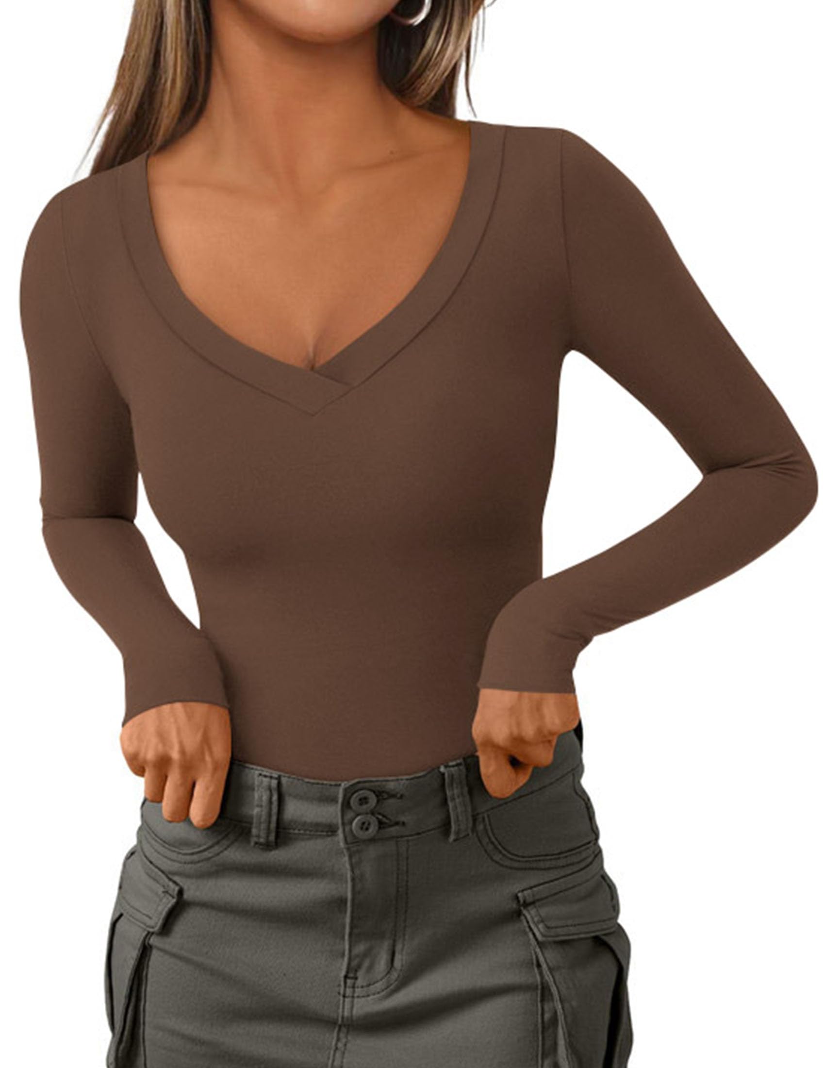 Women's V Neck Long Sleeve Shirts,Brown,X-S