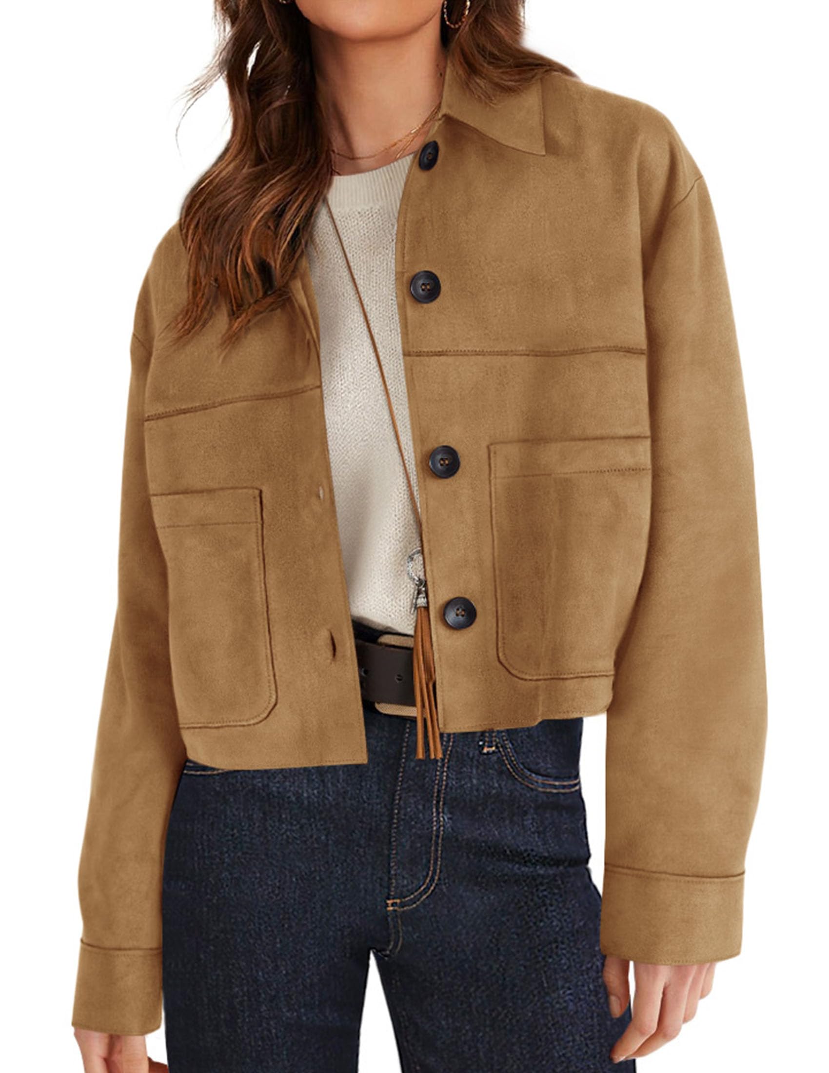 Women's Faux Suede Shacket Jackets Lightweight Cropped Coats