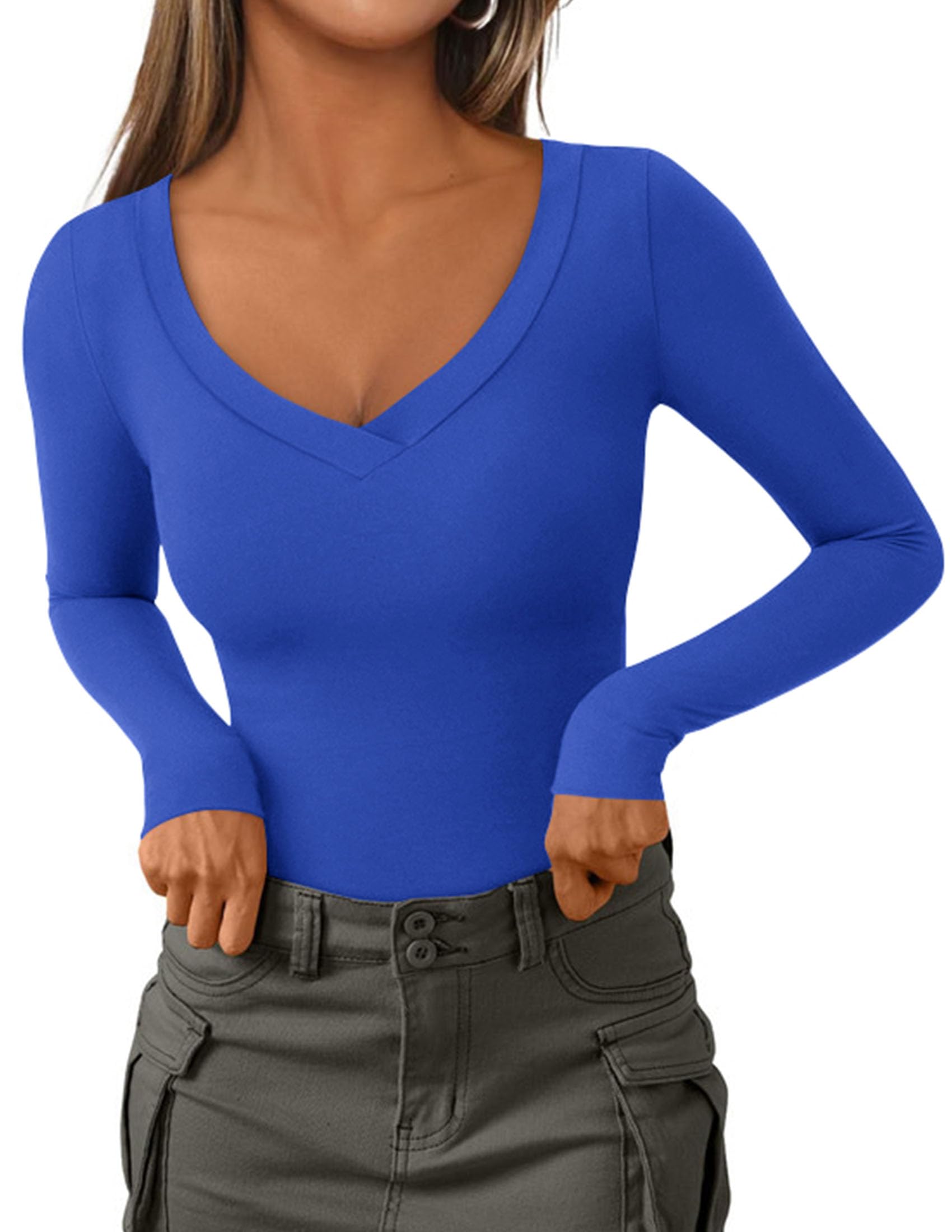 Women's V Neck Long Sleeve Shirts,Blue,X-S