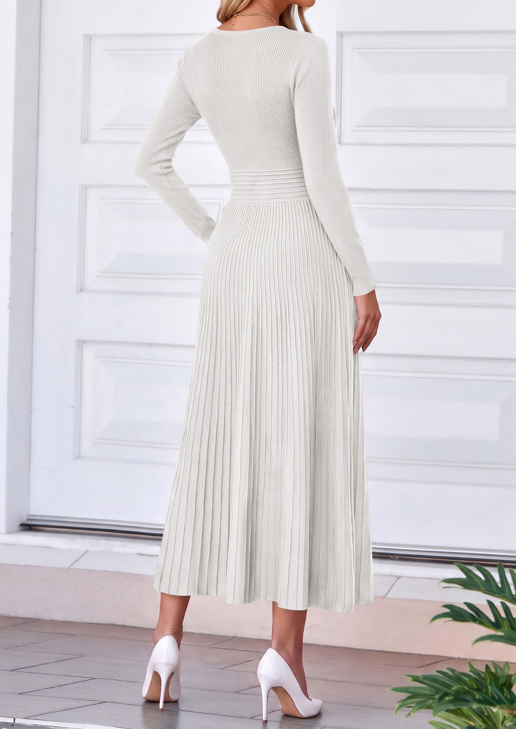 Women's Fall V Neck Pleated Midi Sweater Dress,White,S