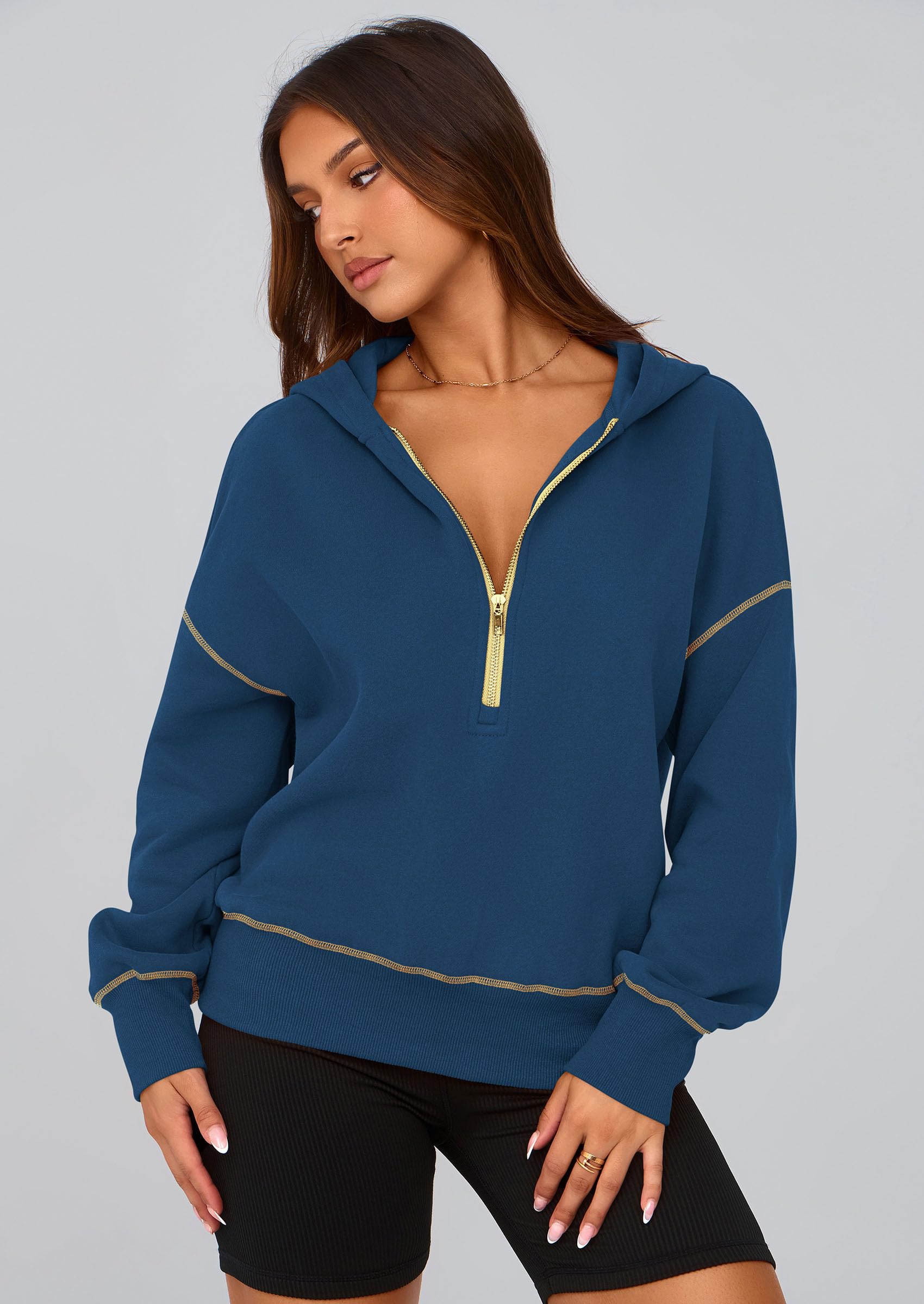 Women's Fall Half Zip Cropped Hoodie Sweatshirt Dark Blue