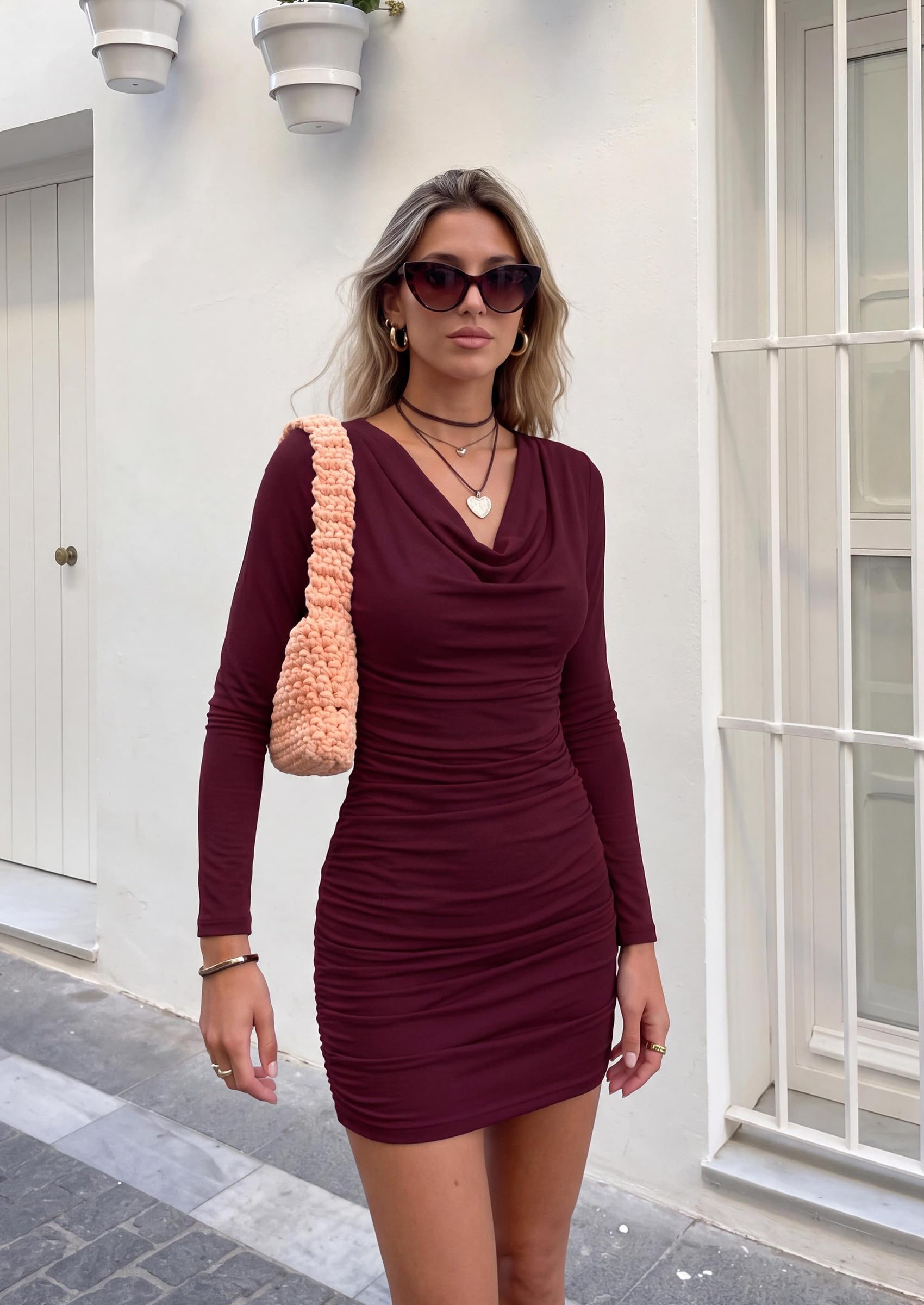 Women's Bodycon Mini Long Sleeve Cowl Neck Dress, Burgundy,L