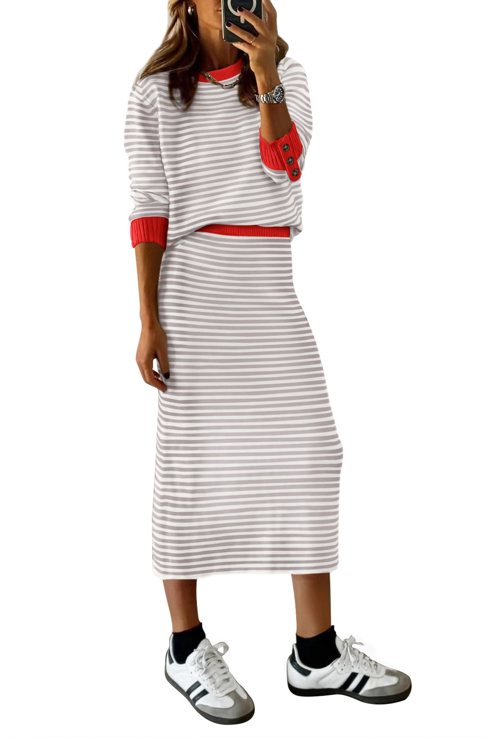Women's 2 Piece Striped Sweater Skirt Set Fall Matching Sets