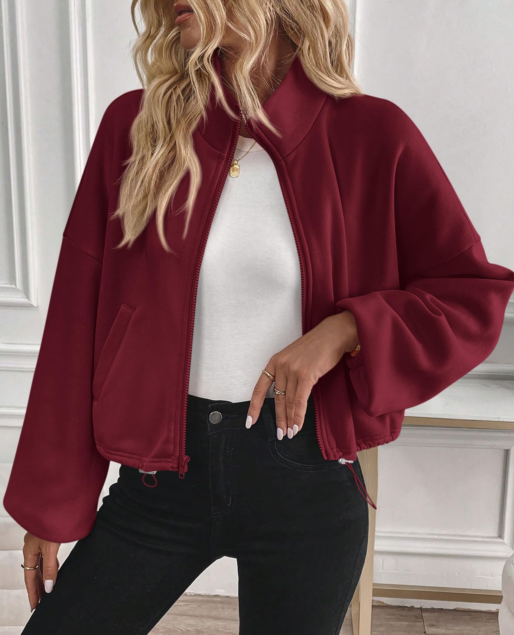 Women's Cropped Jacket Zip Up Fleece Sweatshirt Fall Outfits