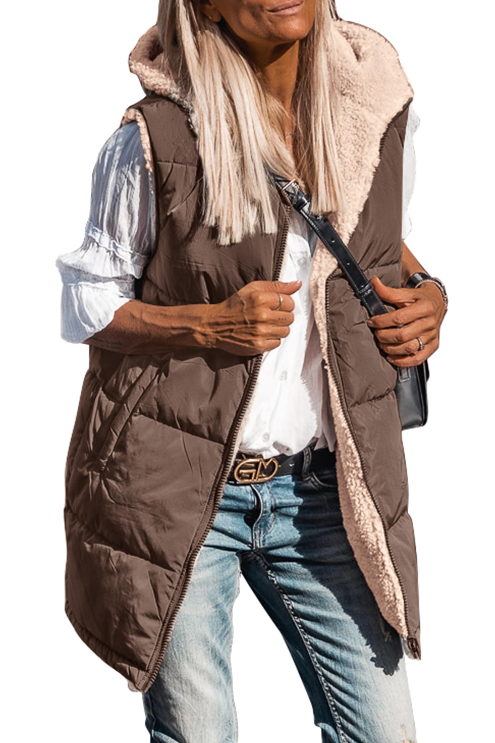 Women's Winter Reversible Fleece Long Vests(Coffee,M)