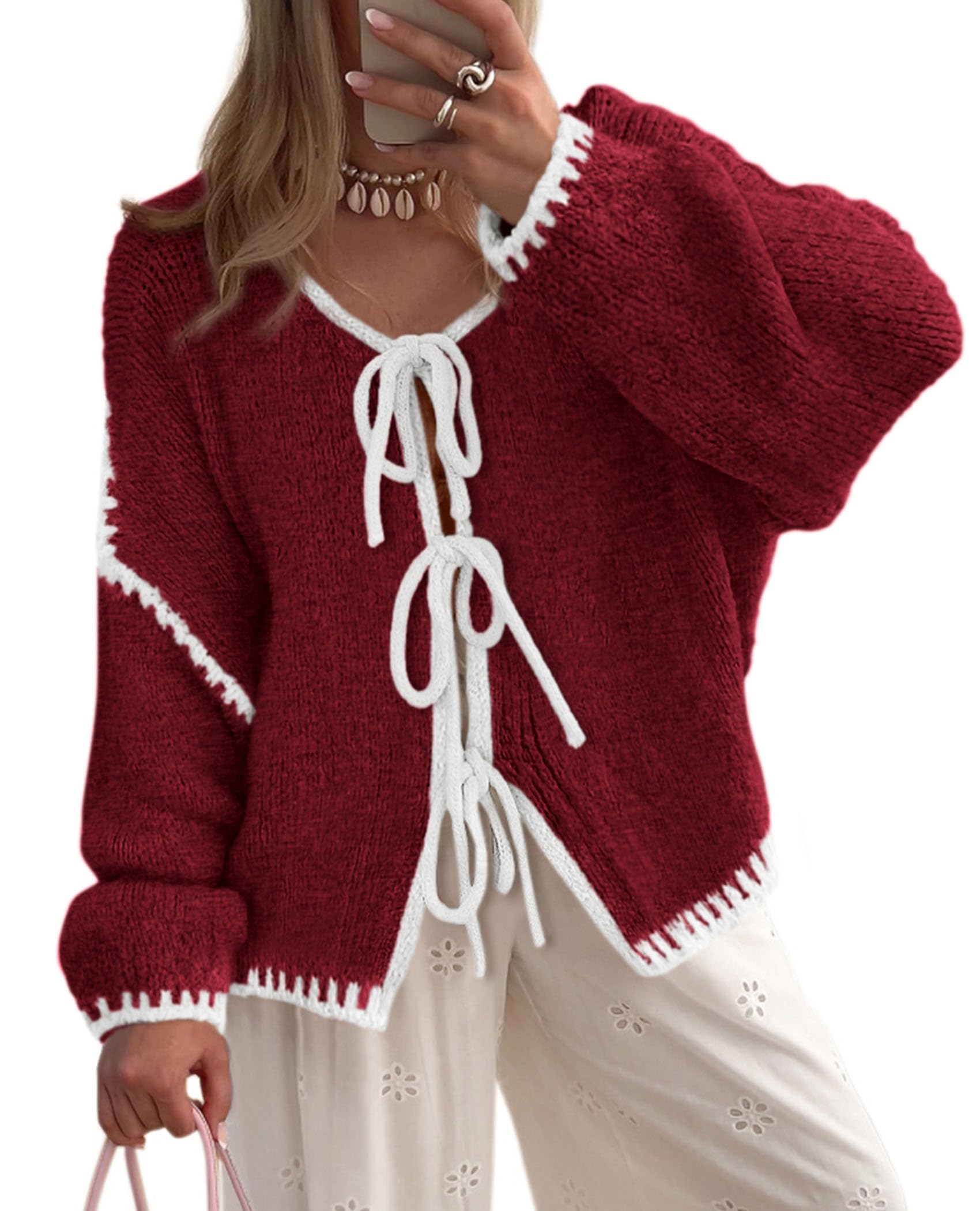 Women's Tie Front Bow Cardigan Sweaters(Wine Red White,Small)