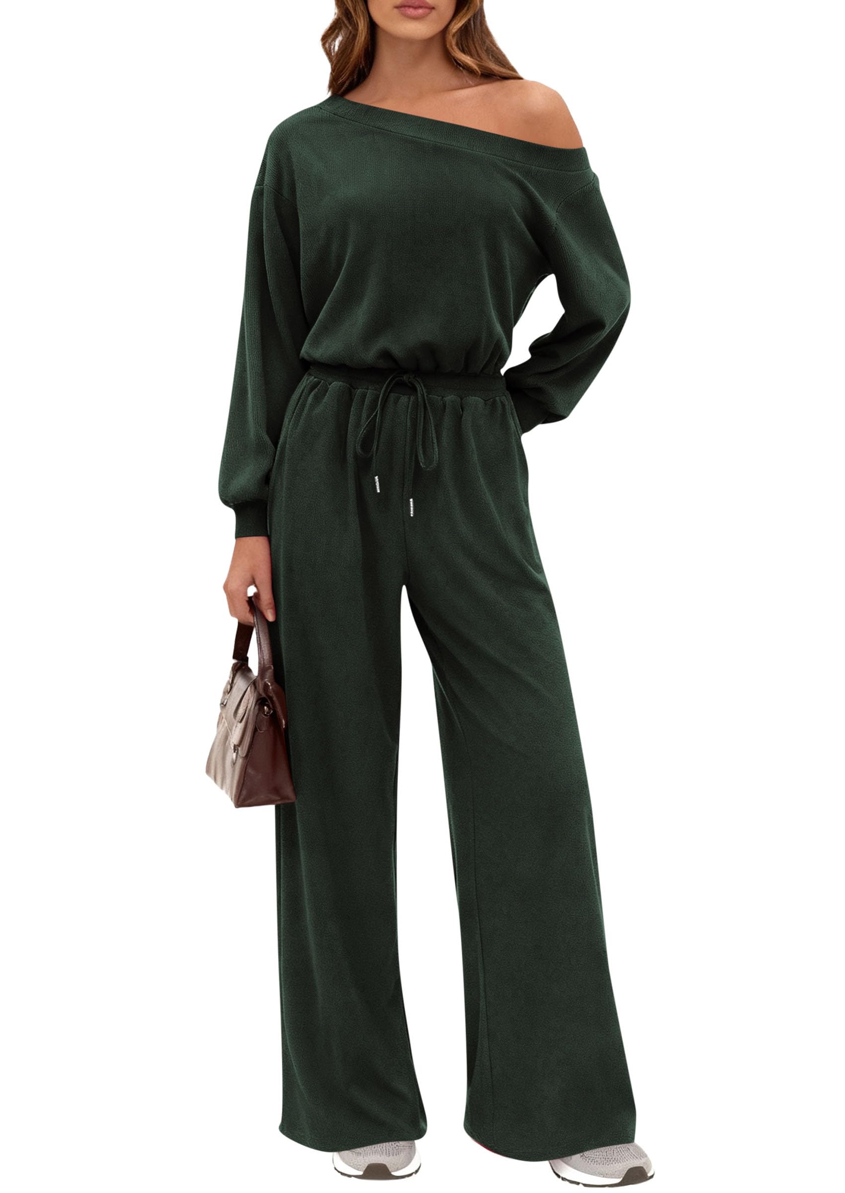 Womens Off Shoulder Long Sleeve Jumpsuit,Dark Army Green,S