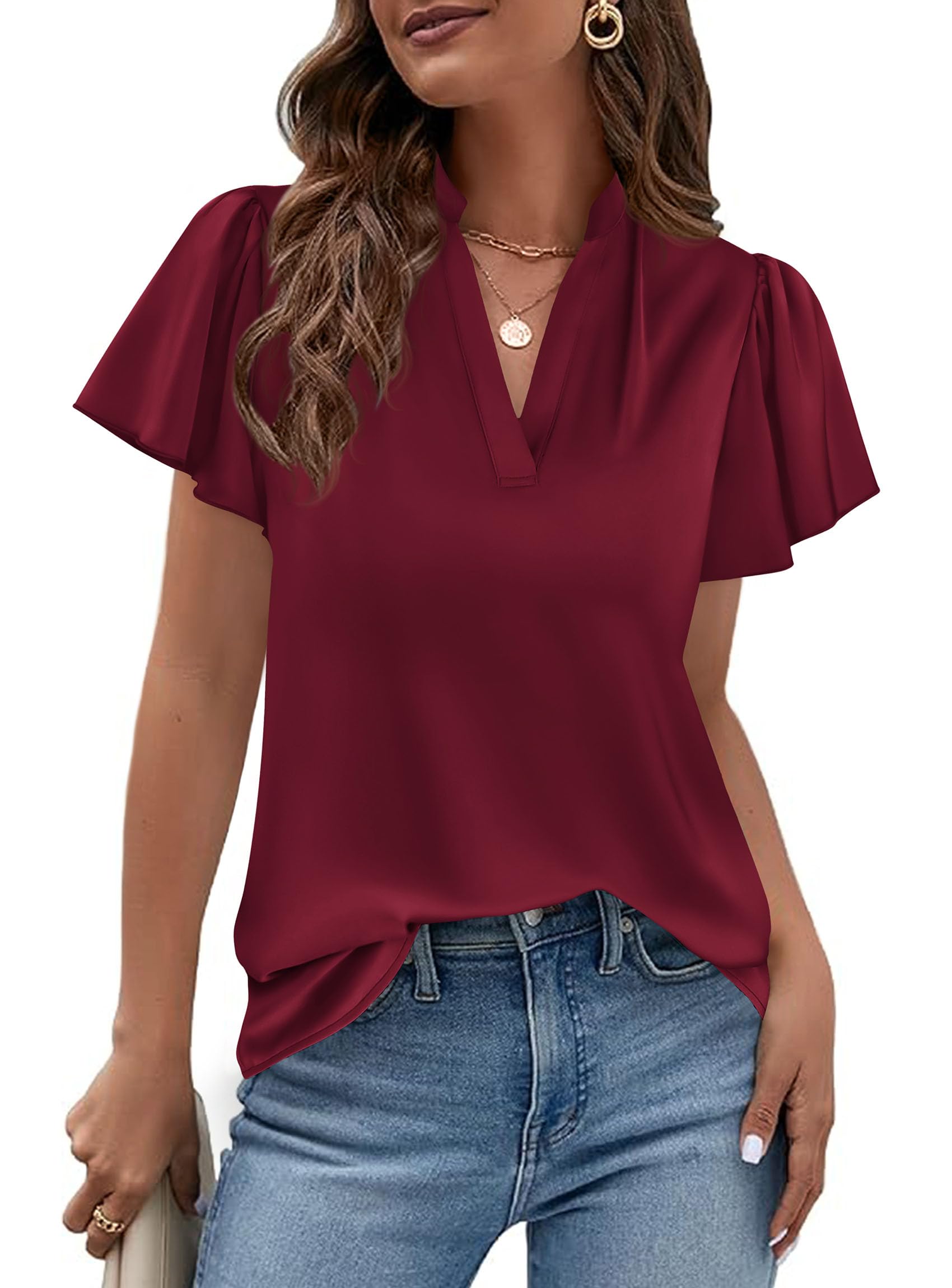 Women's Summer Satin Dressy Casual Blouses (Burgundy,M)