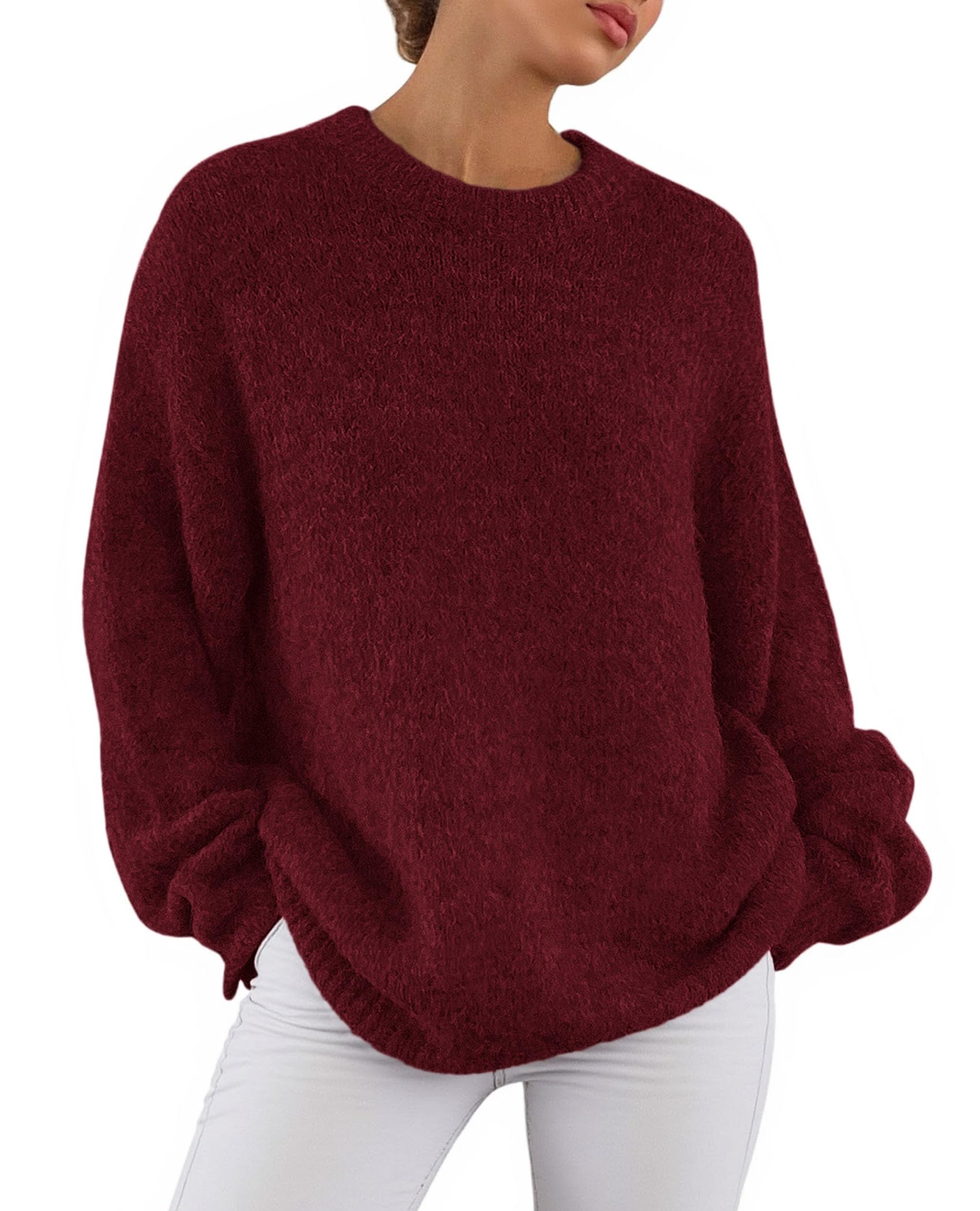 Womens Long Sleeve Oversized Pullover Sweater,Wine Red,M