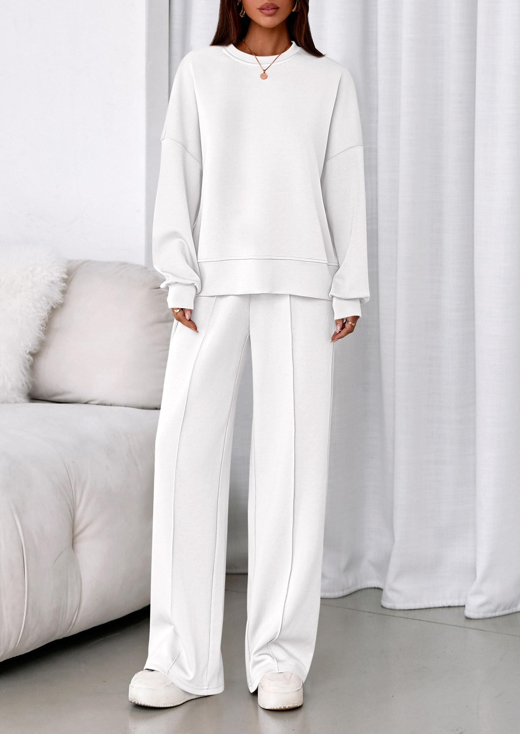 Womens Long Sleeve Sweatshirt 2 Piece Sets,White,S