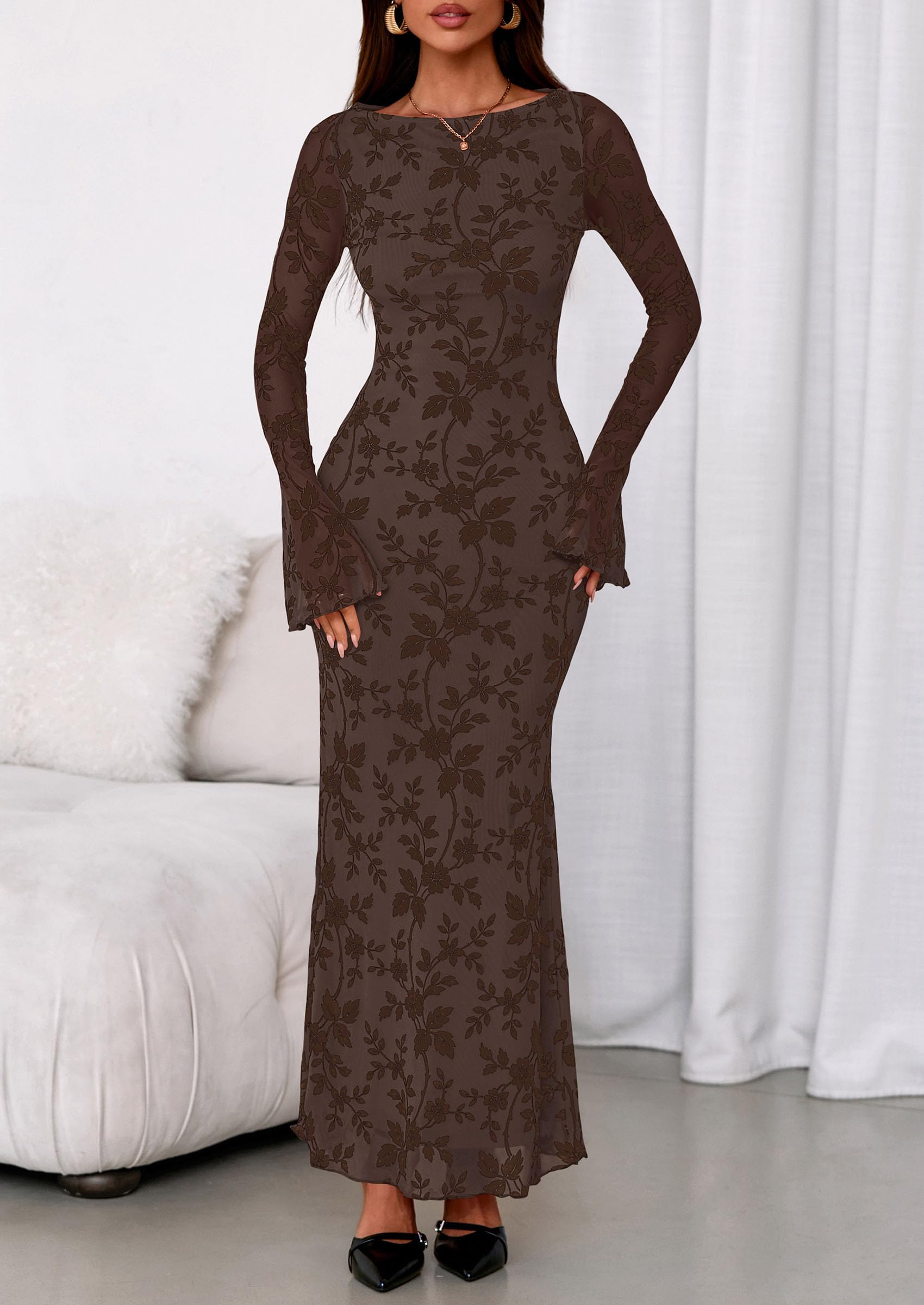 Women's Floral Bodycon Maxi Dress Wedding Guest Dresses Brown