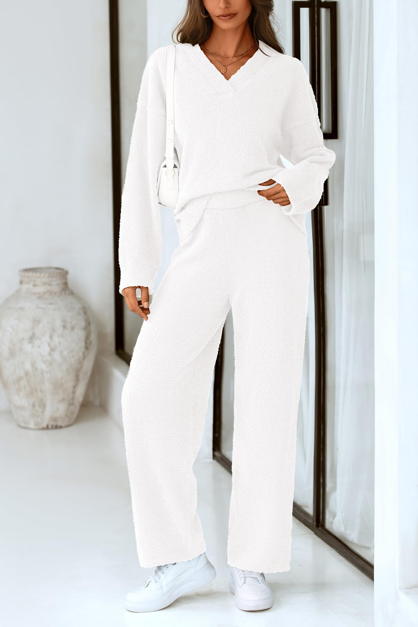 Lounge Sets for Women Fall 2 Piece Fuzzy Sweater Pajama Set