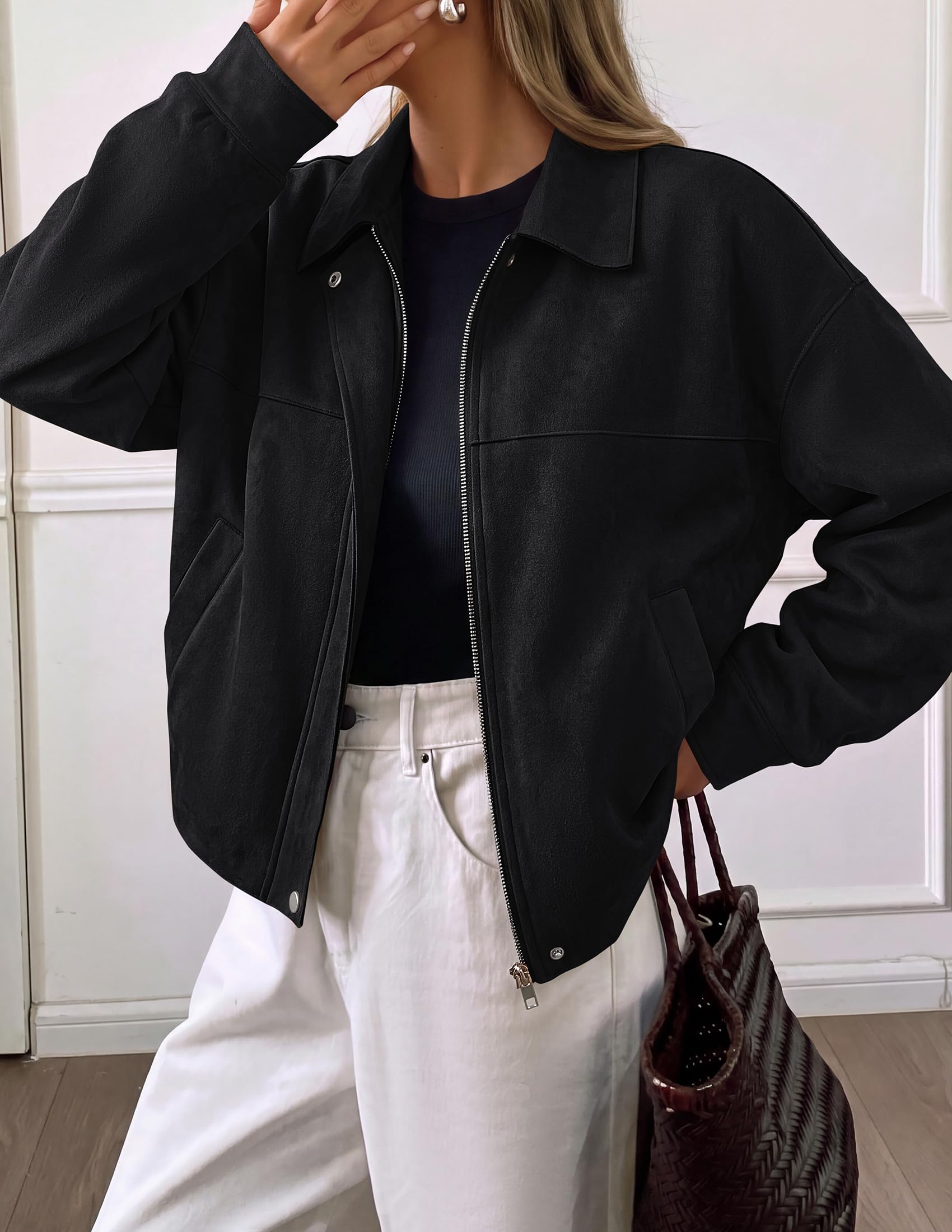 Women's Faux Suede Cropped Fall Jackets,Black,S