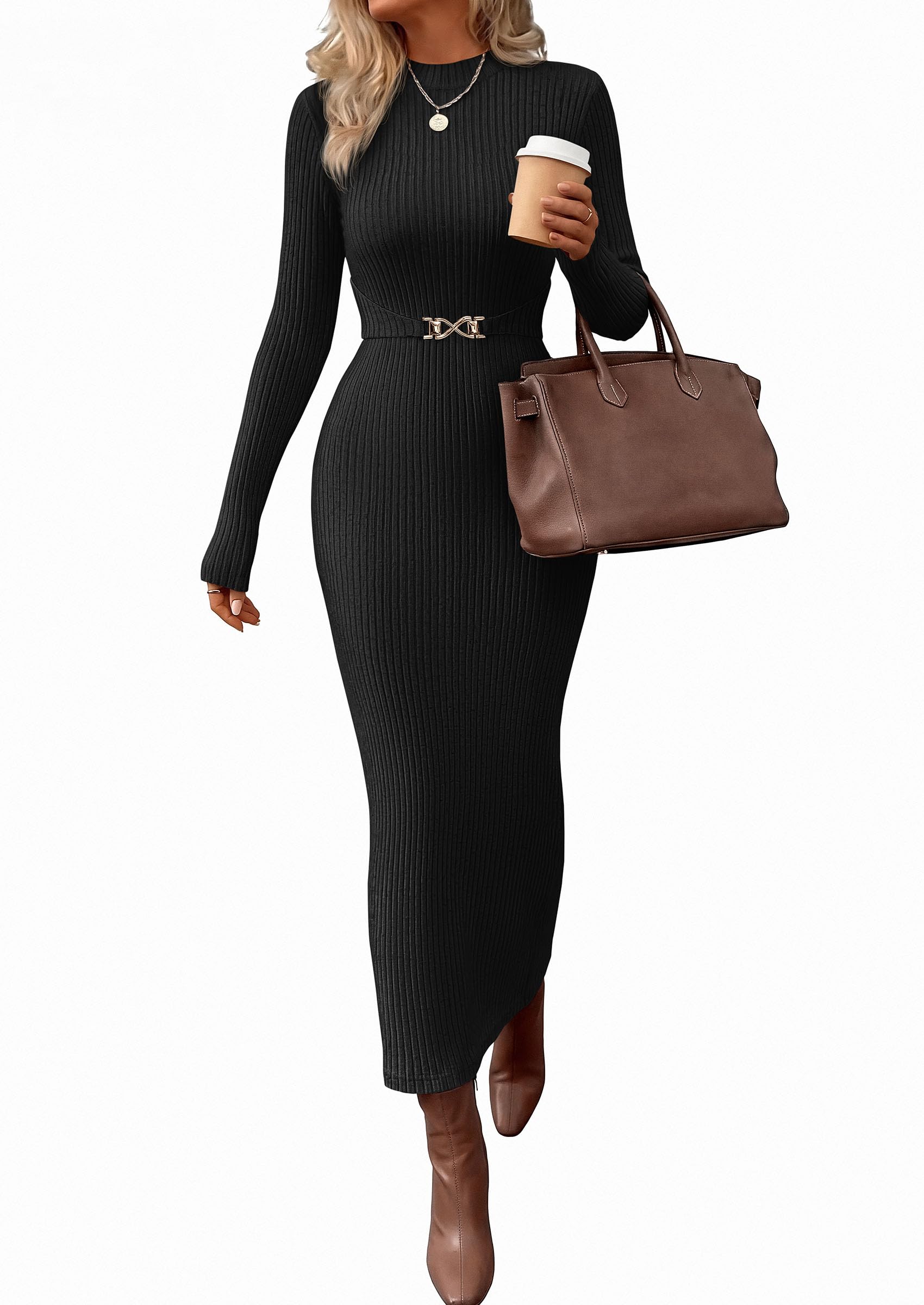 Women's Long Sleeve Bodycon Maxi Sweater Dress Black,XS