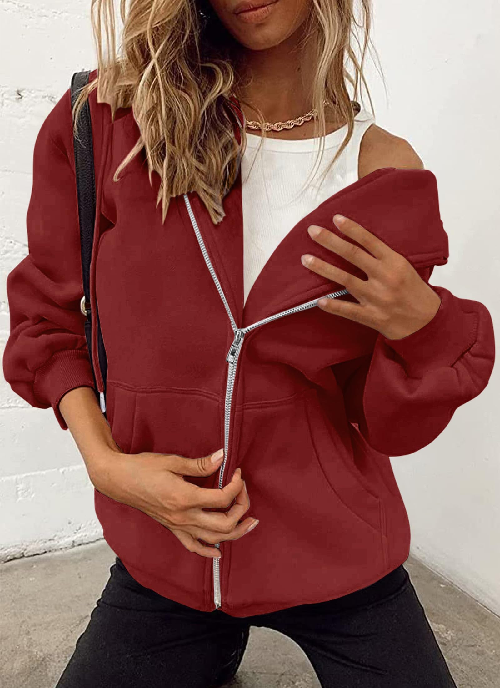 Women's Fall Zip Up Hoodies Sweatshirts Brown Red