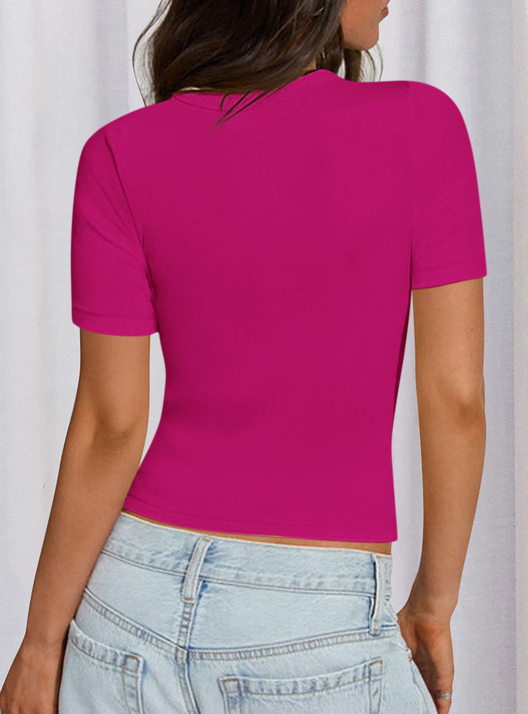Womens Short Sleeve Slim Fit Basic Shirts,Rose Red,XS