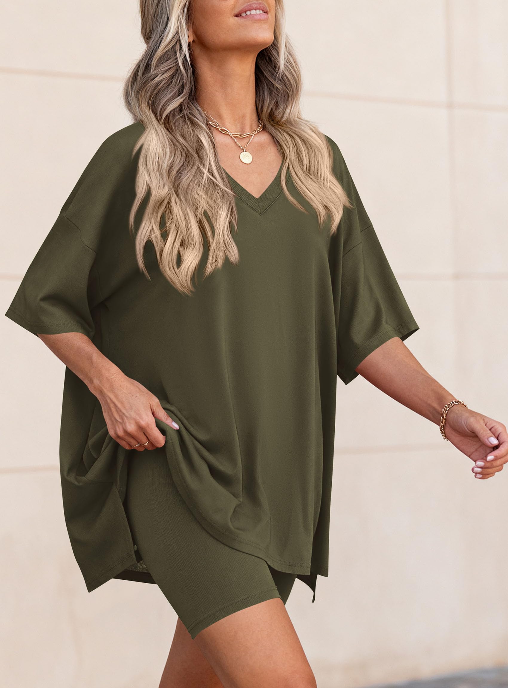 Womens 2 Piece Outfit Lounge Short Sets,Army Green,S