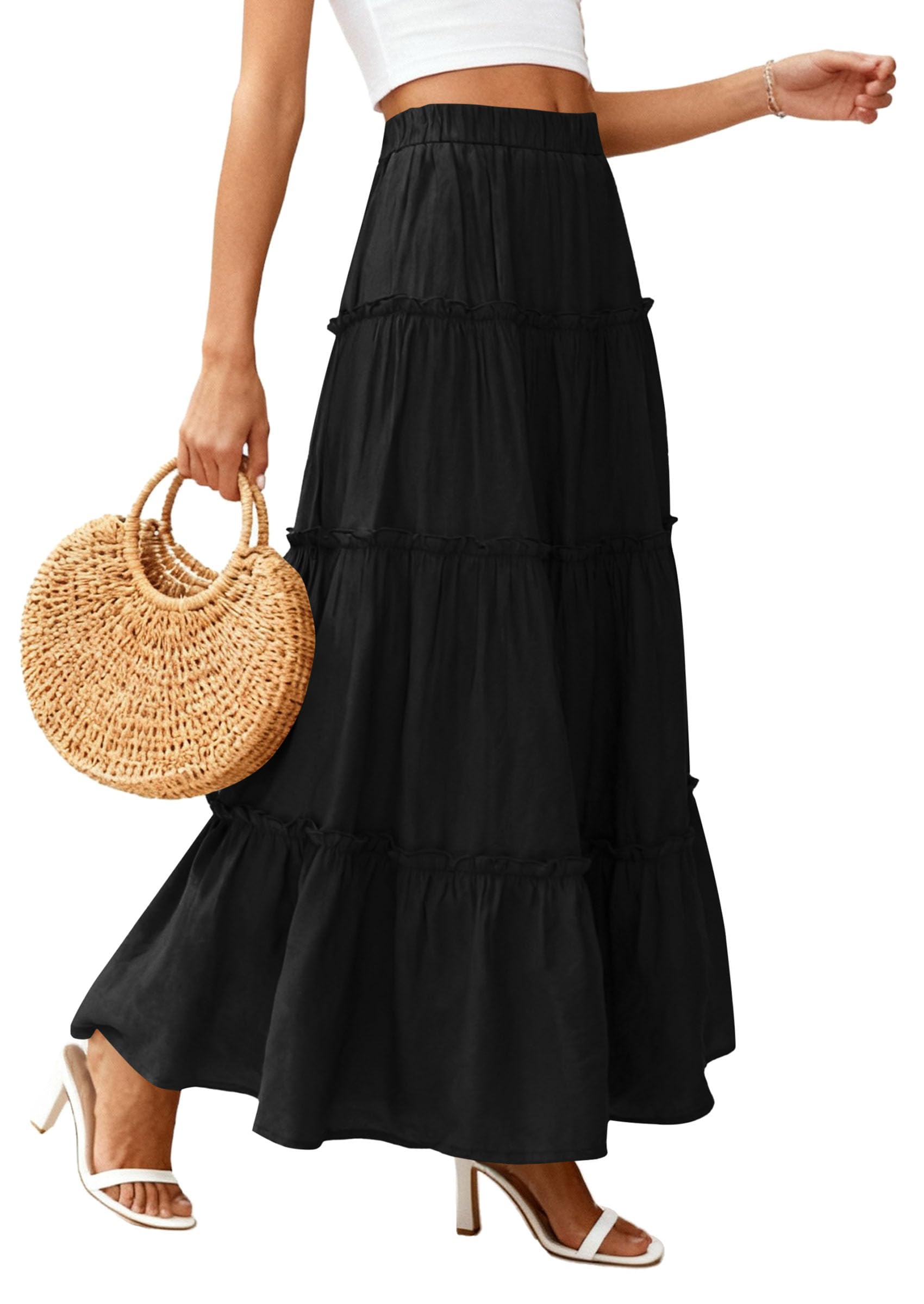 Women's Boho Tiered Ruffle Flowy Maxi Skirt, Black,S