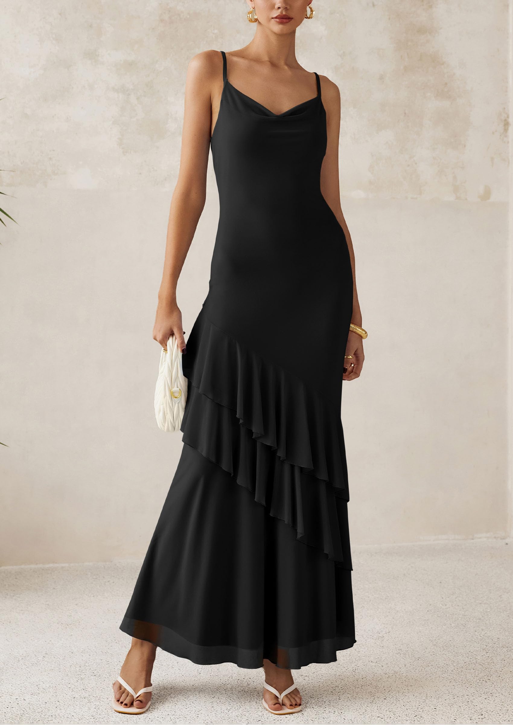 Women's Boho Floral Tiered Maxi Dress, Solid Black,XS