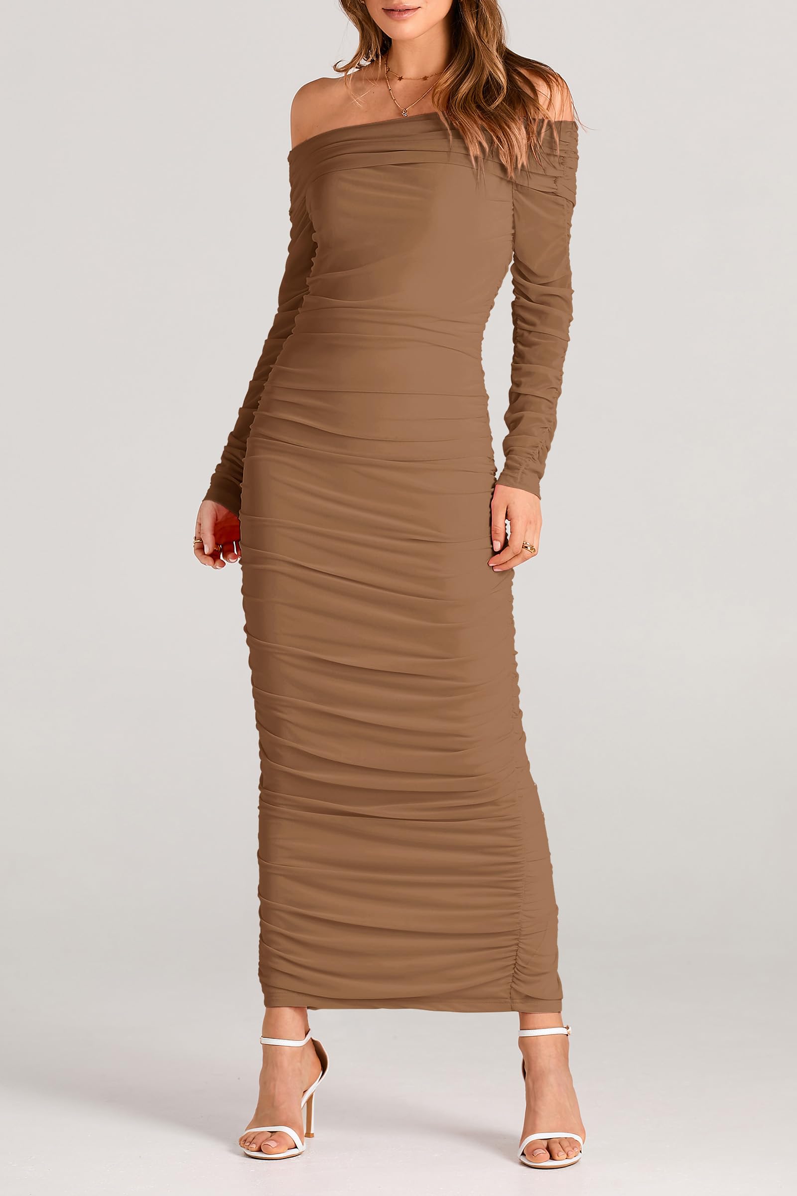 Women's Off the Shoulder Maxi Bodycon Dress, Light Brown,S