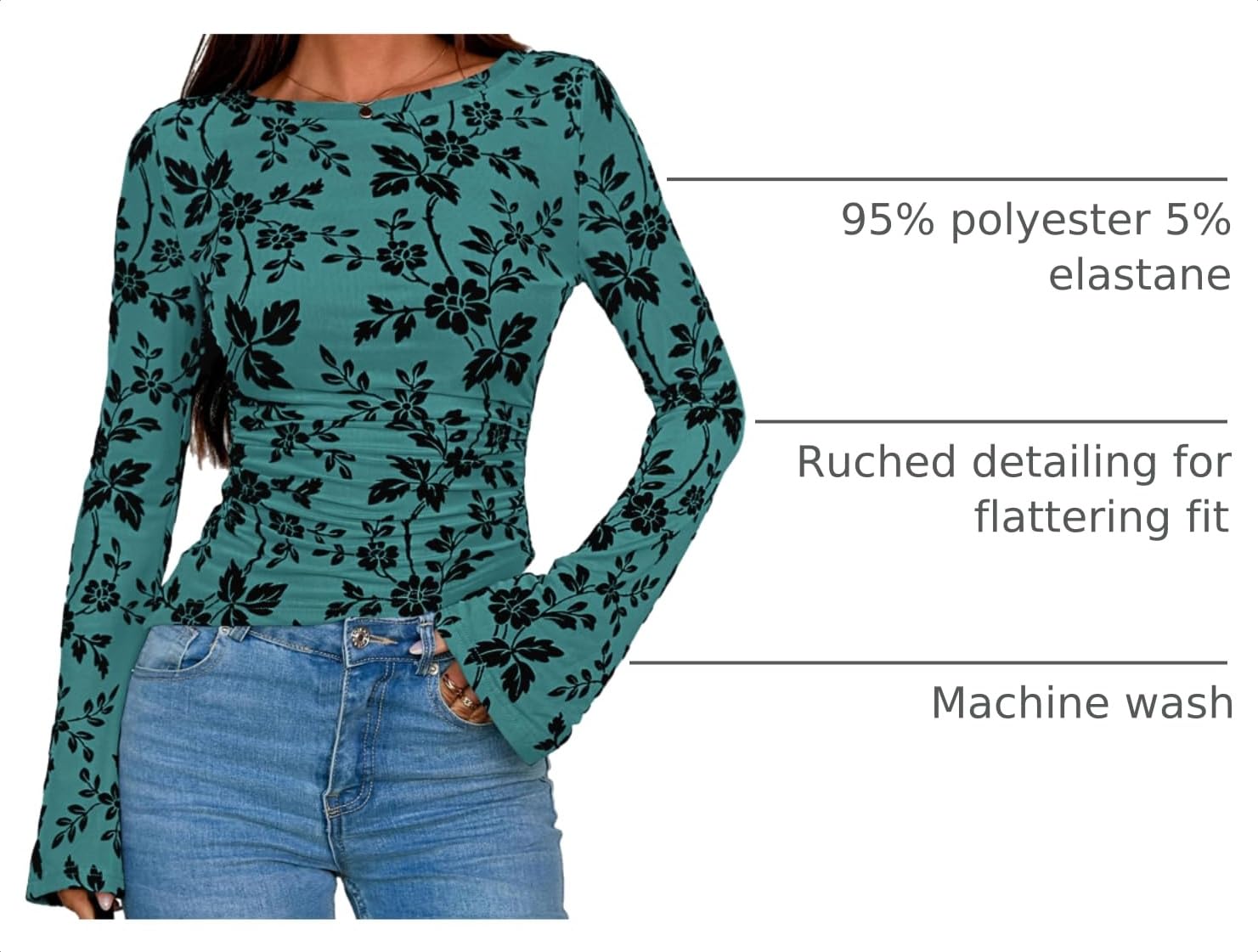 Women's Long Bell Sleeve Y2K Tops Boho Floral Mesh Blouses